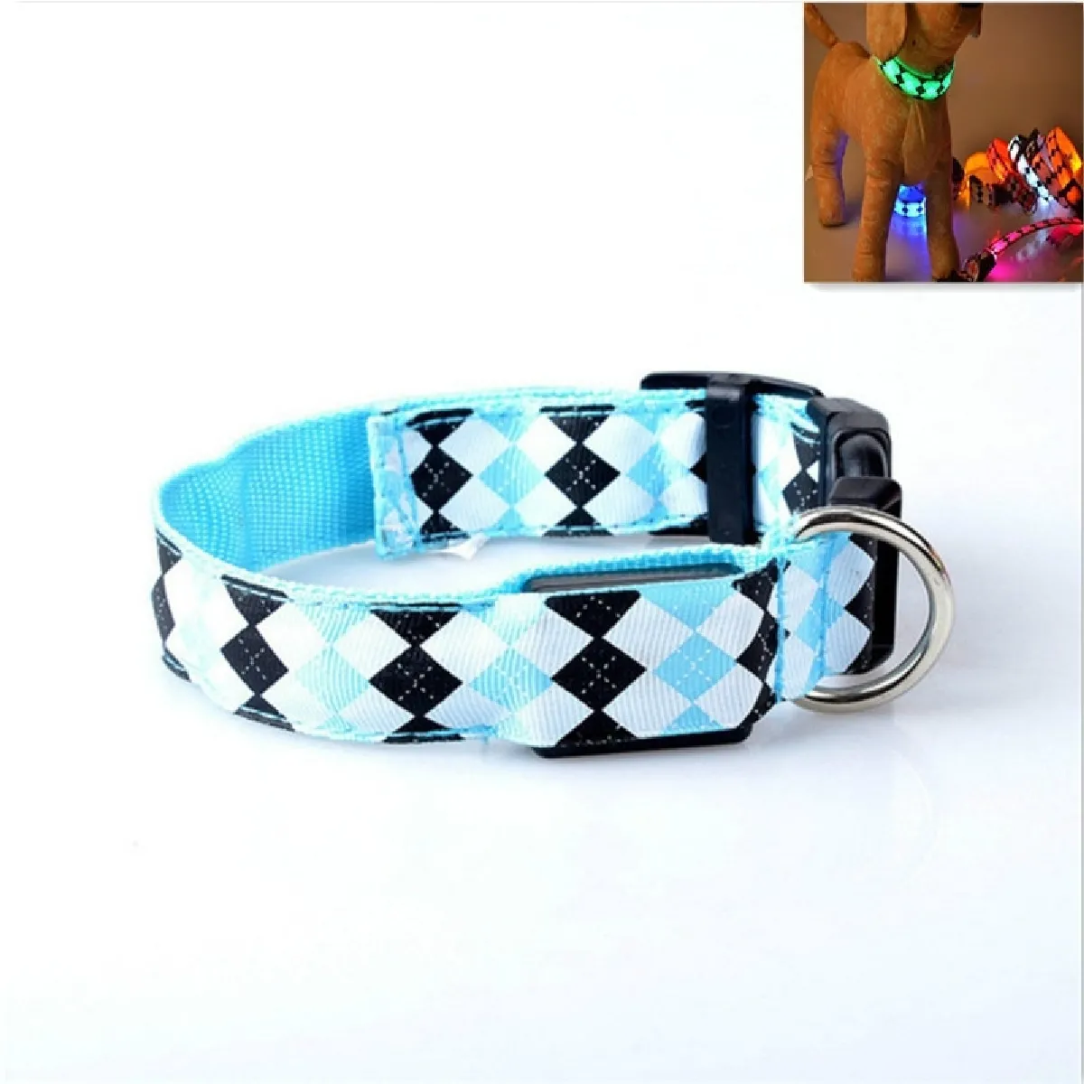Meilleurs prix pour Motif à carreaux Rechargeable LED Glow Light Leads Collier pour chien petits chiens moyenstaille S bleu