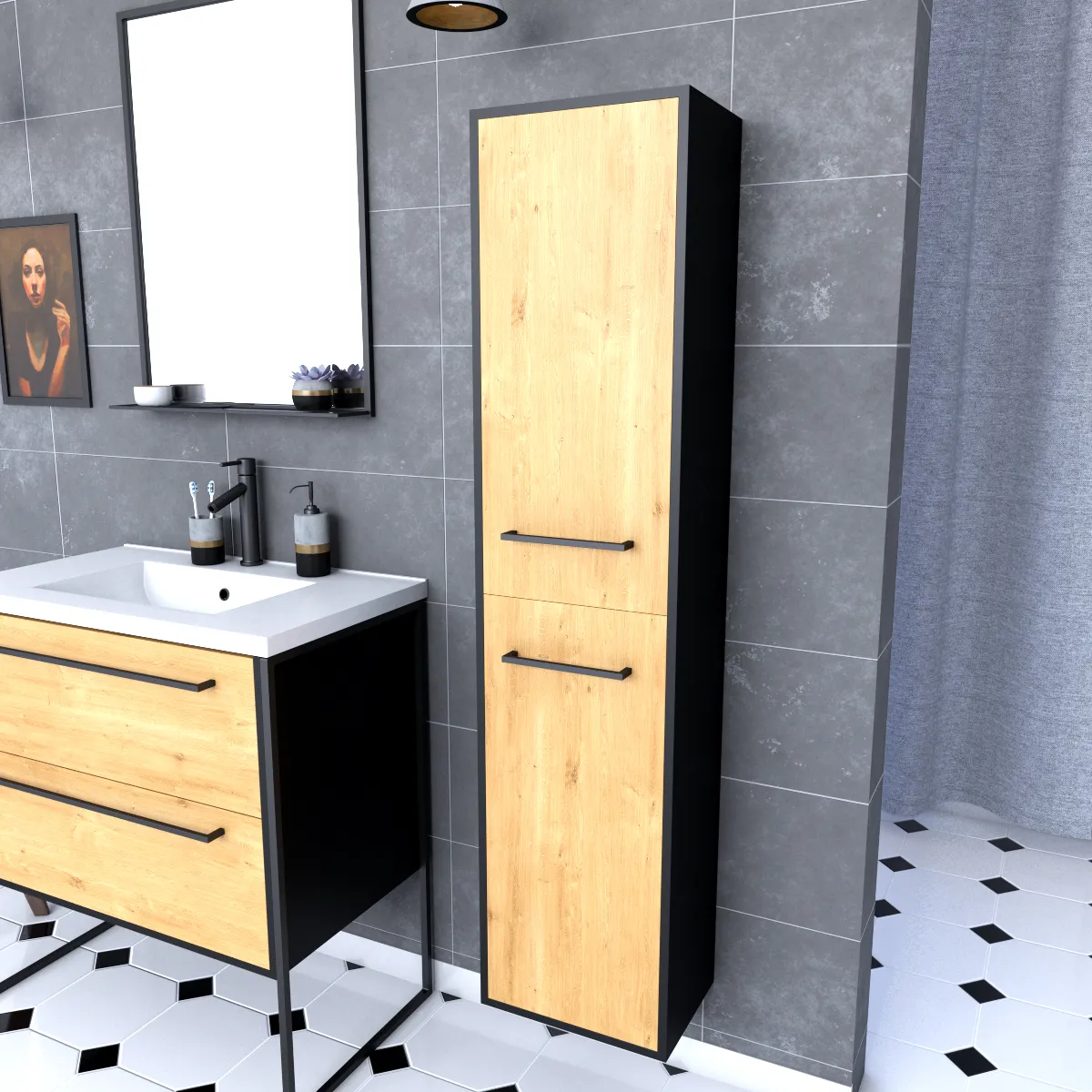 Aurlane STRUCTURA F061 - Colonne salle de bain - Noir et chêne