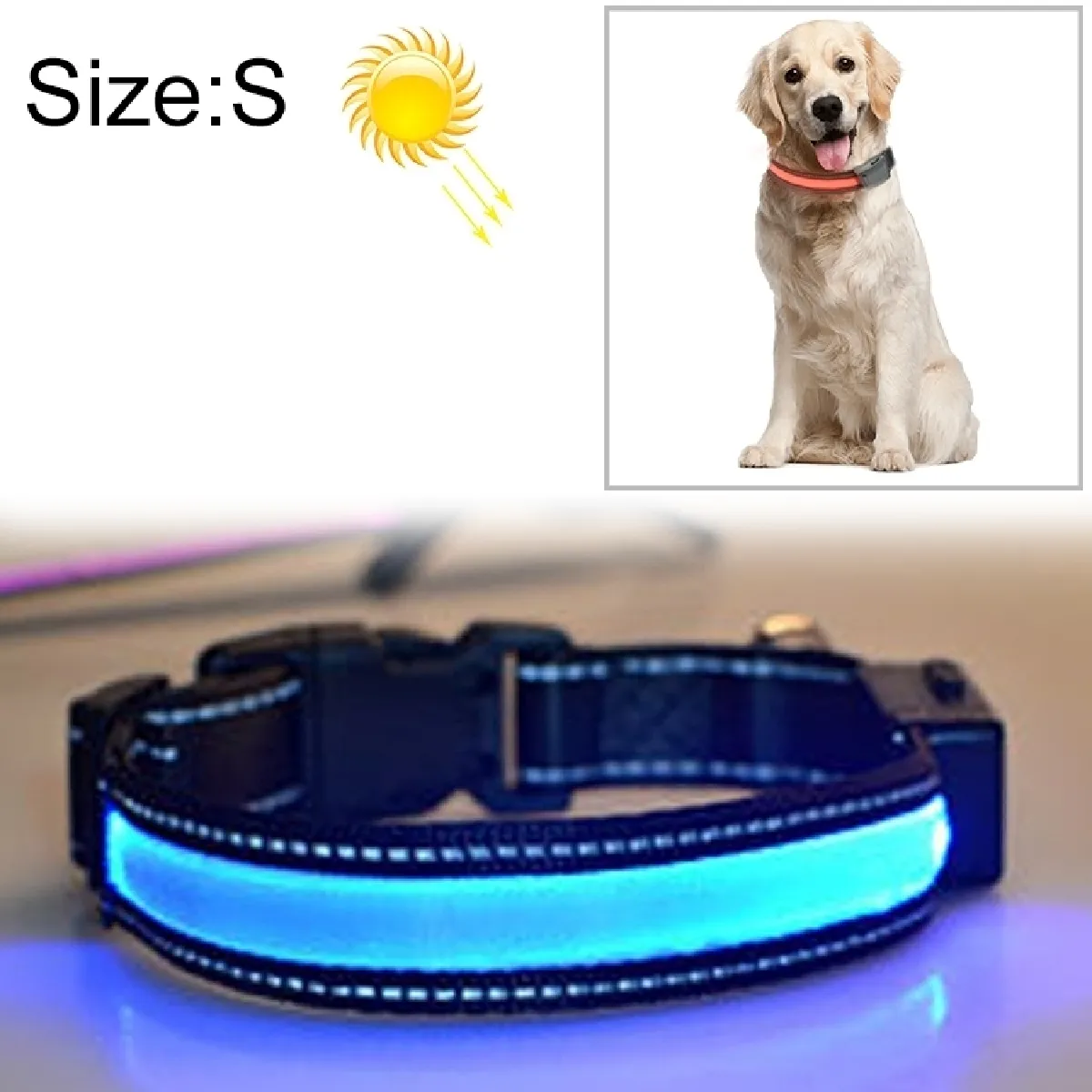 Meilleurs prix pour Collier de lumière LED de charge pour animal de compagnie solaire de taille moyenne et grand pour animaux de compagnie, taille du tour de cou: S, 35-40cm (bleu)