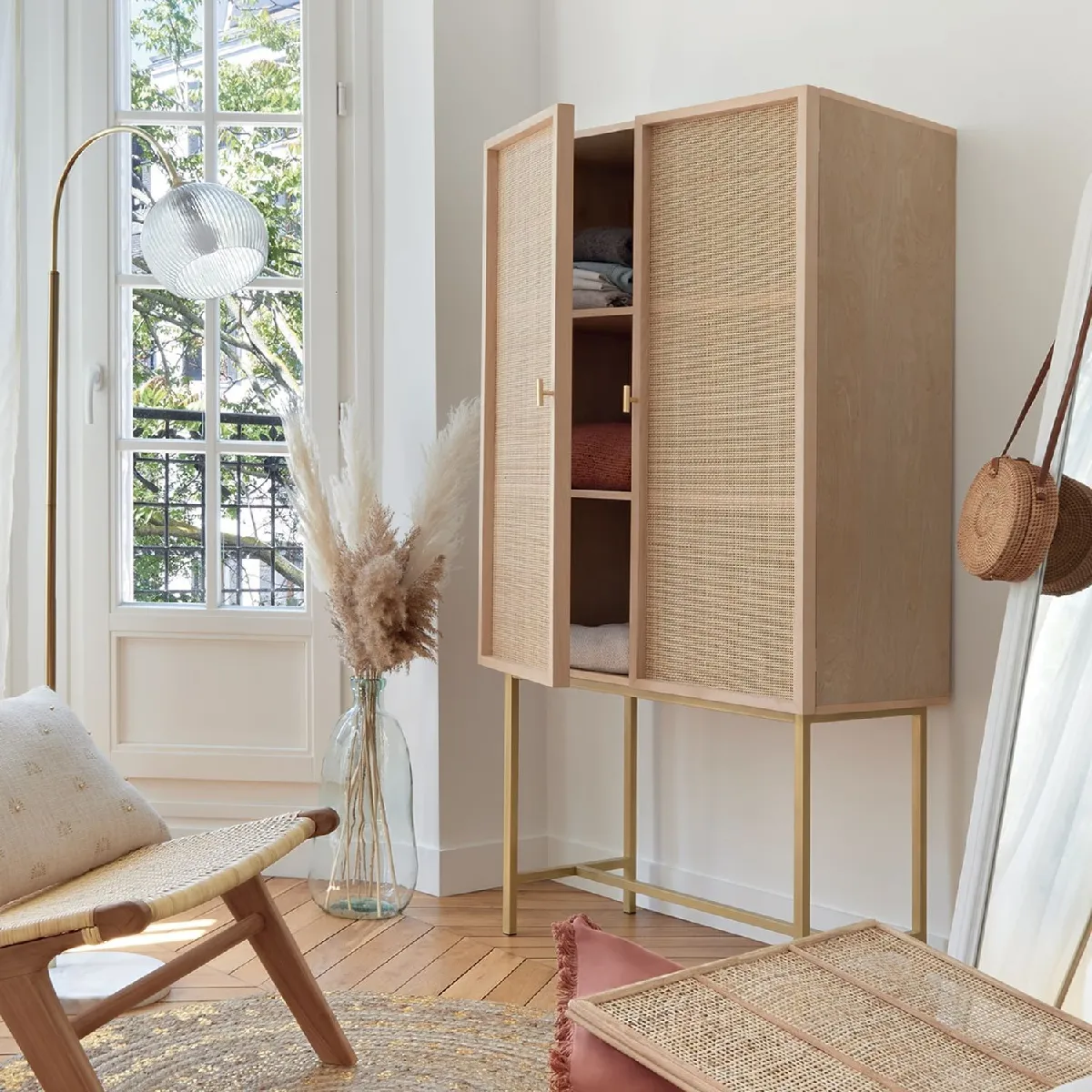 Buffet haut 2 portes en cannage RAYO - Beige