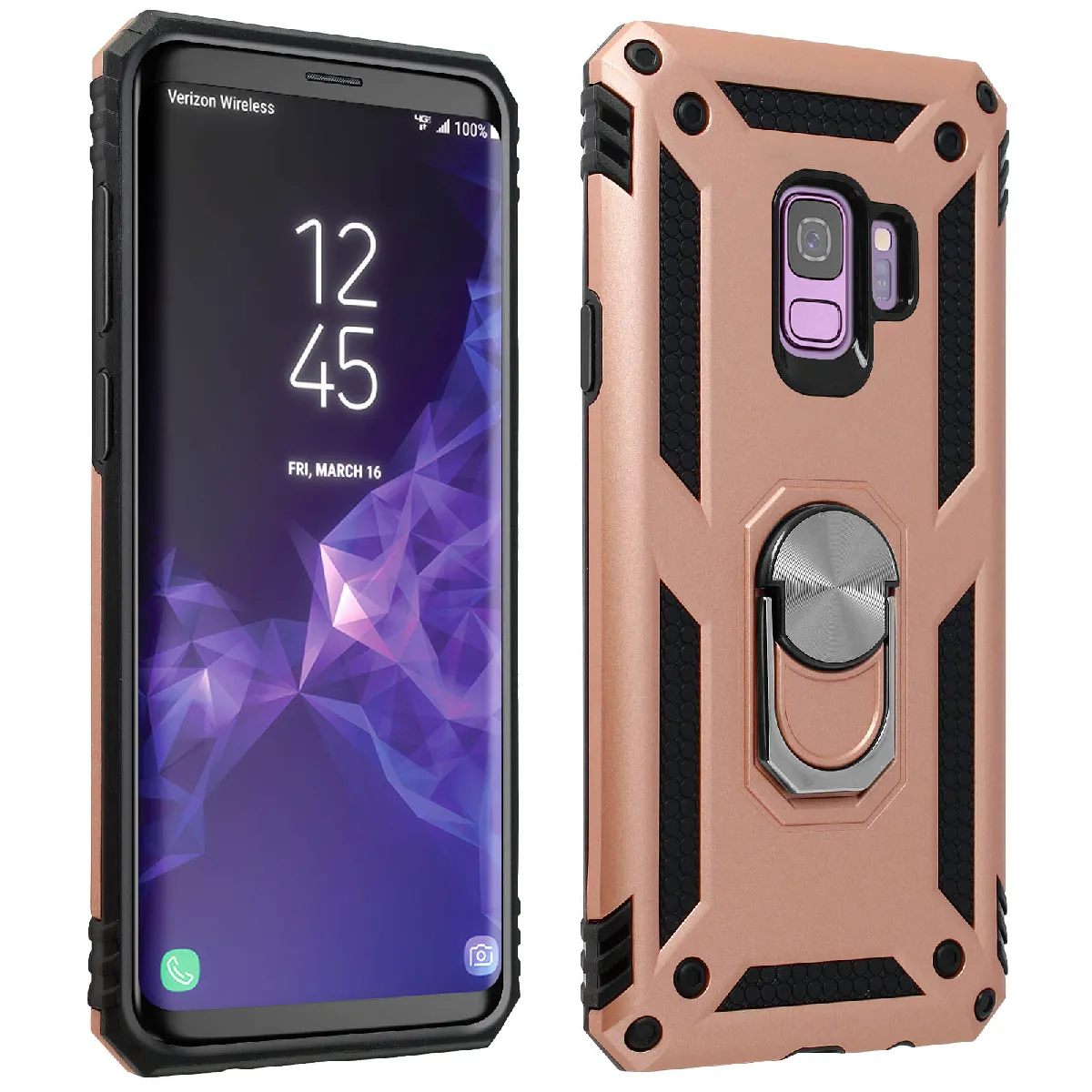 Avizar Rose Coque Samsung Galaxy S9 Hybride Rigide Souple Bague Support Vidéo Gold
