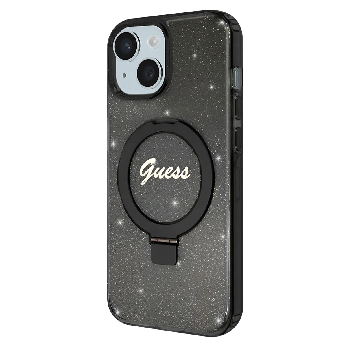 Guess Noir Coque Magsafe Pour Apple Iphone 15 Tpu Ring Stand