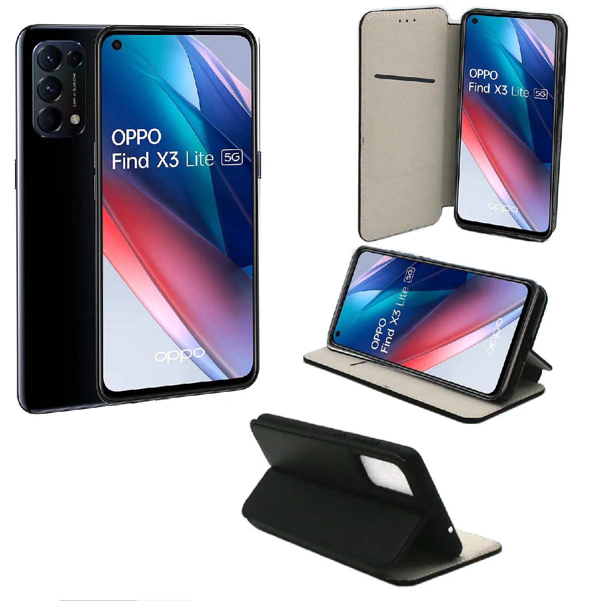 Xeptio Noir Étui Portefeuille À Rabat Avec Porte-Cartes Oppo Find X3 Lite 5G