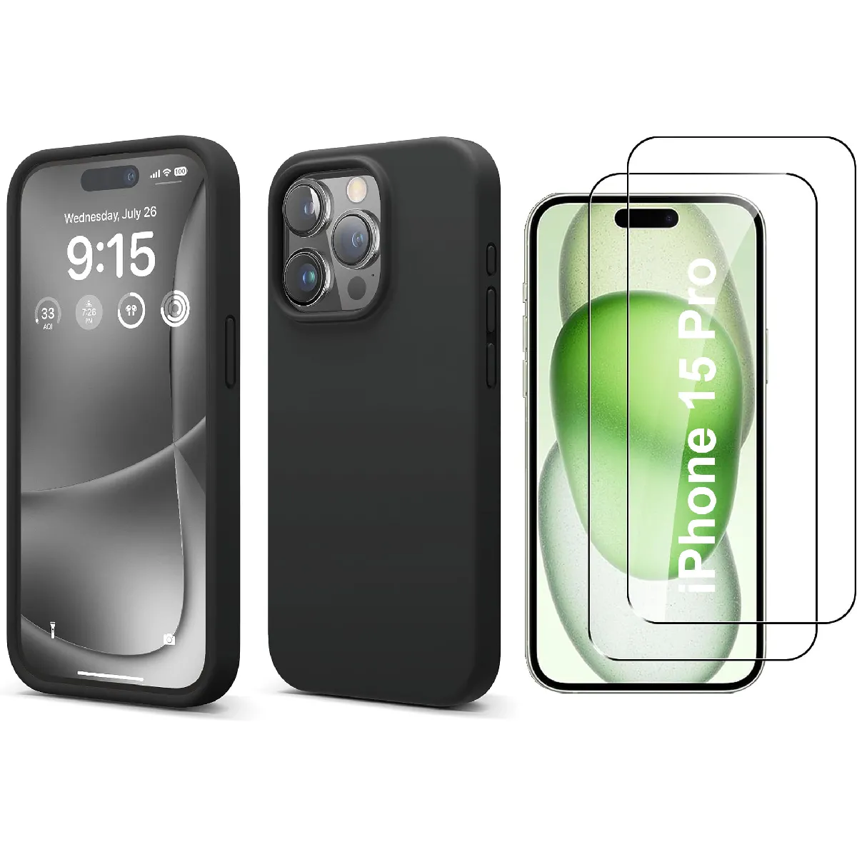 Little Boutik Noir Coque En Silicone Avec 2 Verres Trempés Apple Iphone 15 Pro