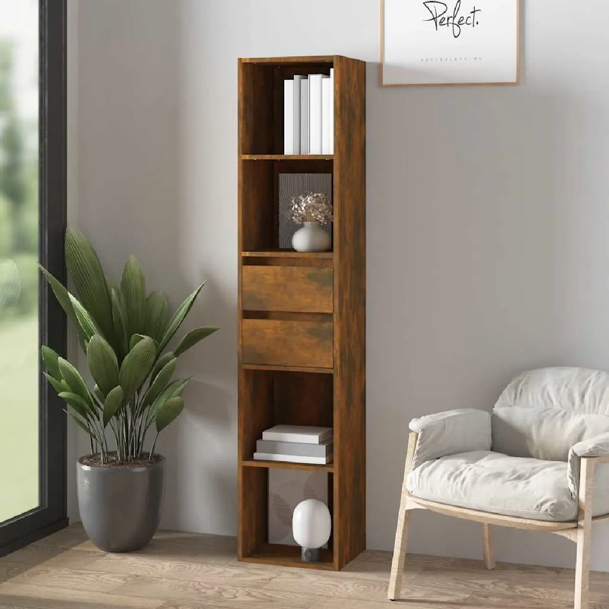 Non Communiqué Chêne Fumé Bibliothèque 36X30x171 Cm Bois D Ingénierie - Image 3