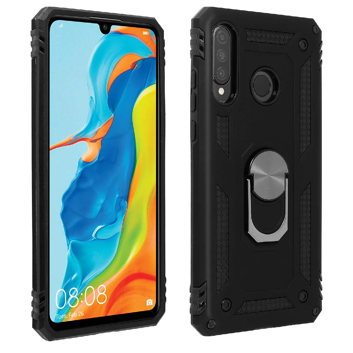 Avizar Noir Coque Pour Huawei P30 Lite Bi Matières Bague Support Vidéo
