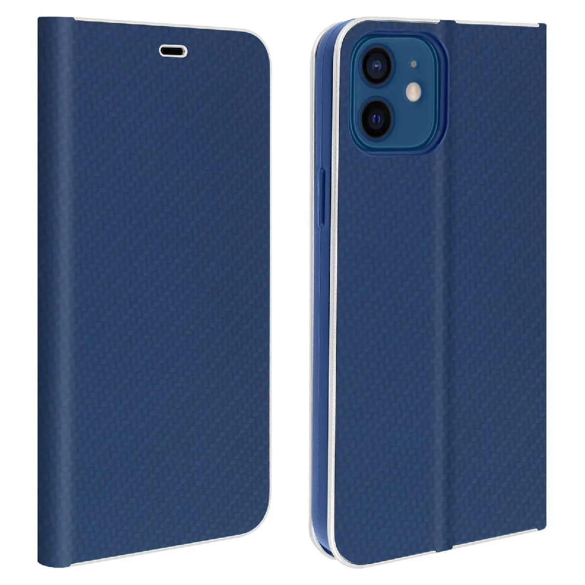 Avizar Bleu Housse Pour Iphone 12 / 12 Pro Étui Porte-Carte Support Vidéo Effet Carbone Nuit