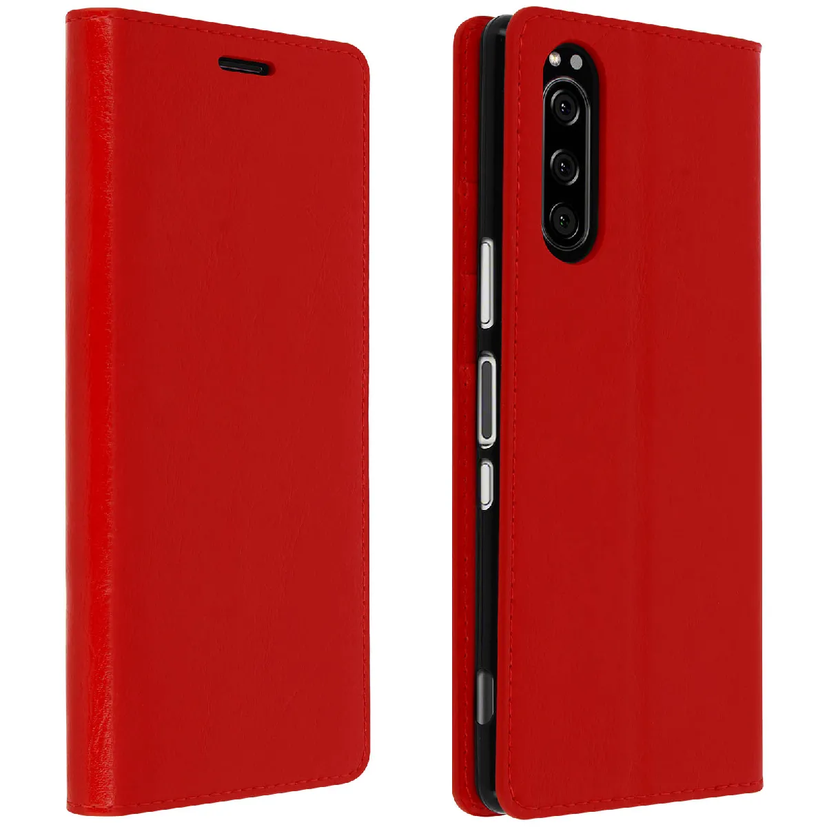 Avizar Rouge Étui Pour Sony Xperia 5 Folio Cuir Véritable Porte Cartes Support Vidéo