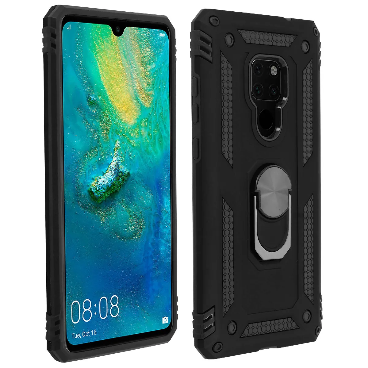 Avizar Noir Coque Pour Huawei Mate 20 Bi Matière Rigide Souple Bague Support Vidéo