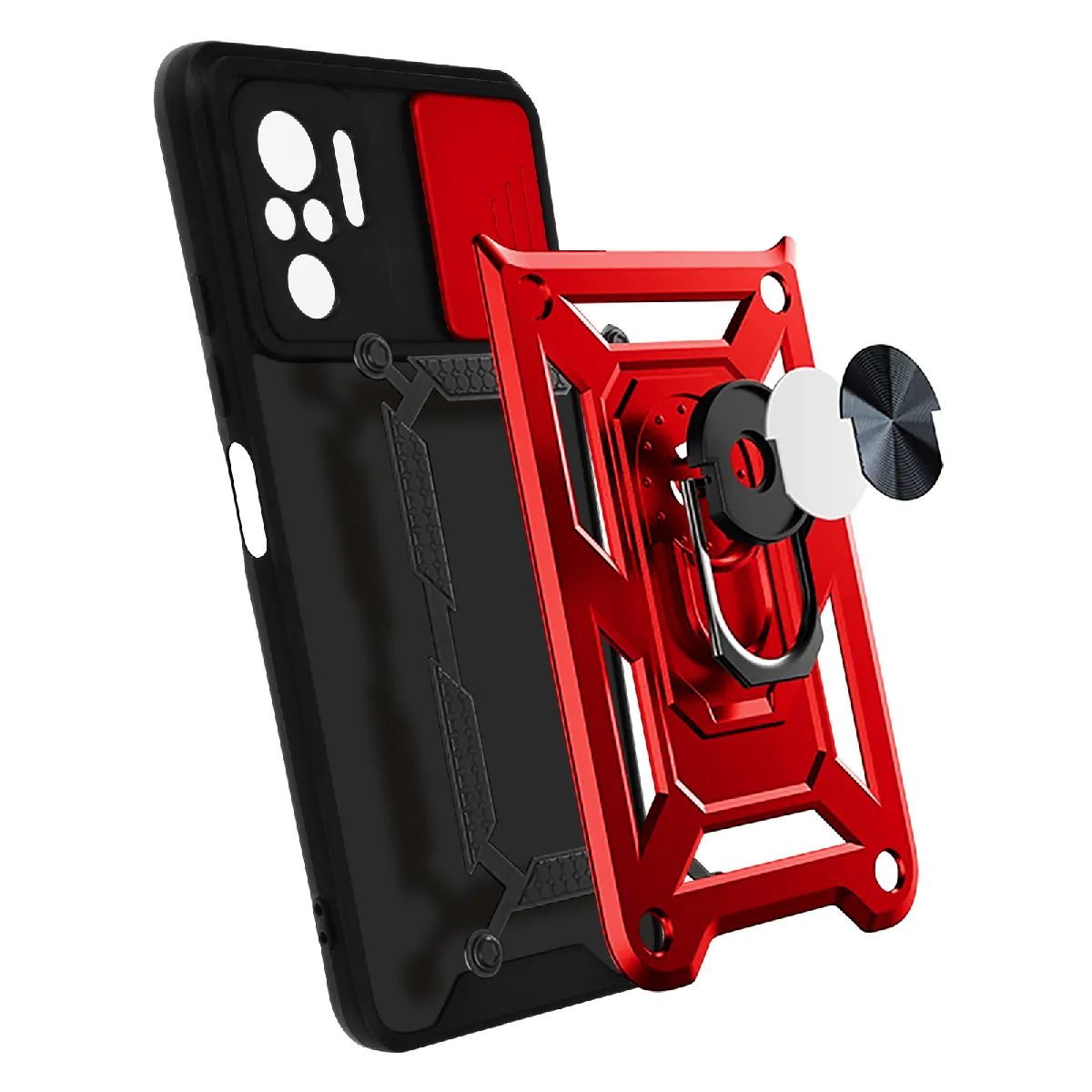 Coque Mayaxess Pour Xiaomi 14T Pro - Rouge - Avec Bague Support Et Cache Caméra Coulissant
