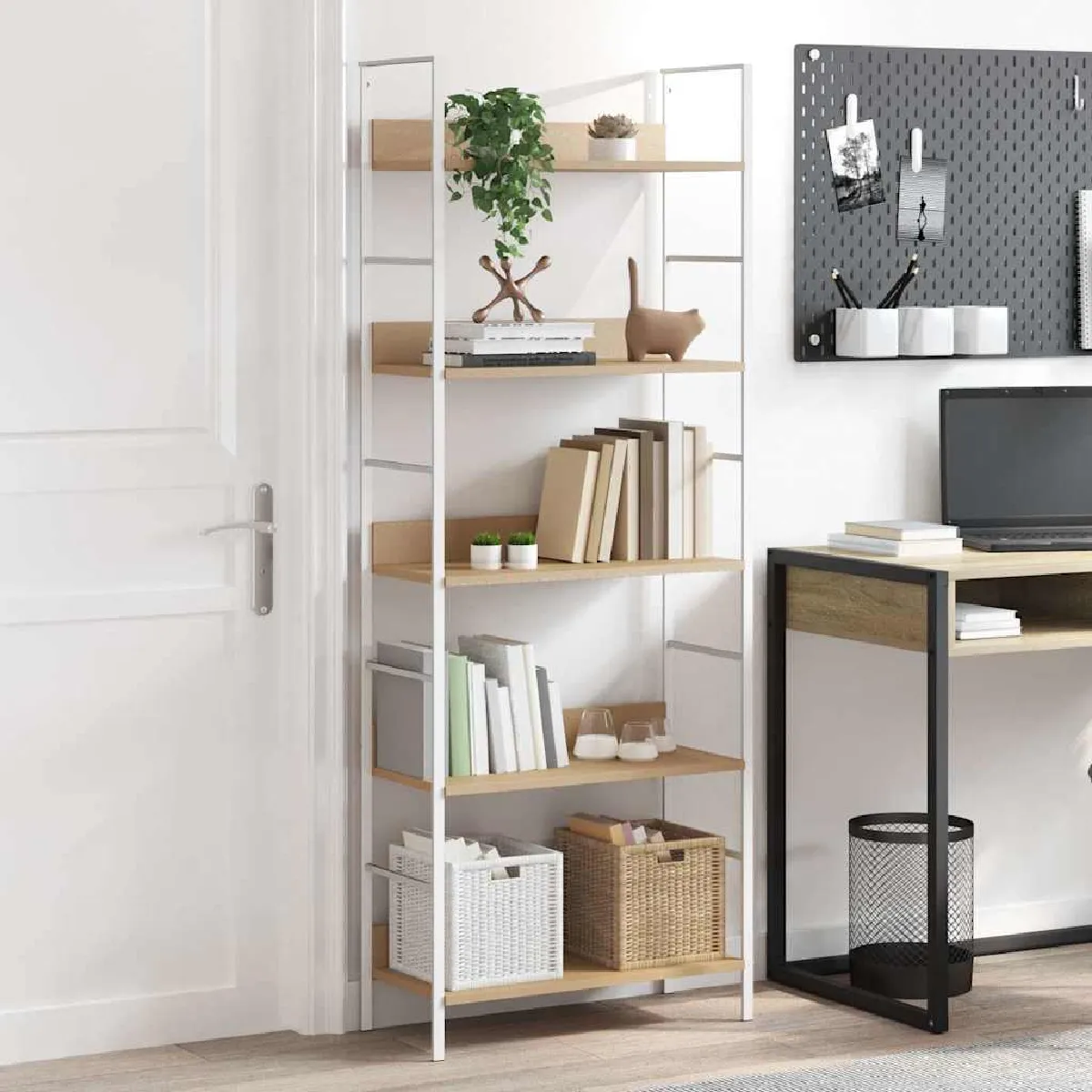 Non Communiqué Chêne Et Blanc Bibliothèque À 5 Niveaux Chêne 60X27,6X158,5 Cm Bois Ingénierie - Image 3