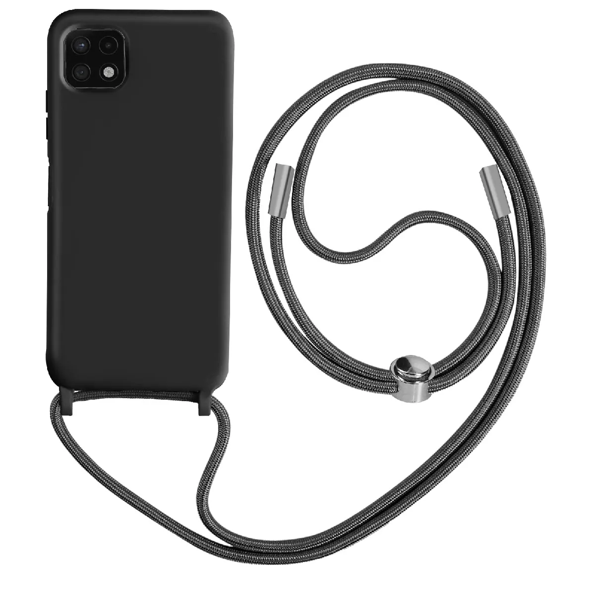 Avizar Noir Coque Pour Galaxy A22 5G Semi-Rigide Soft-Touch Avec Cordon Tour De Cou