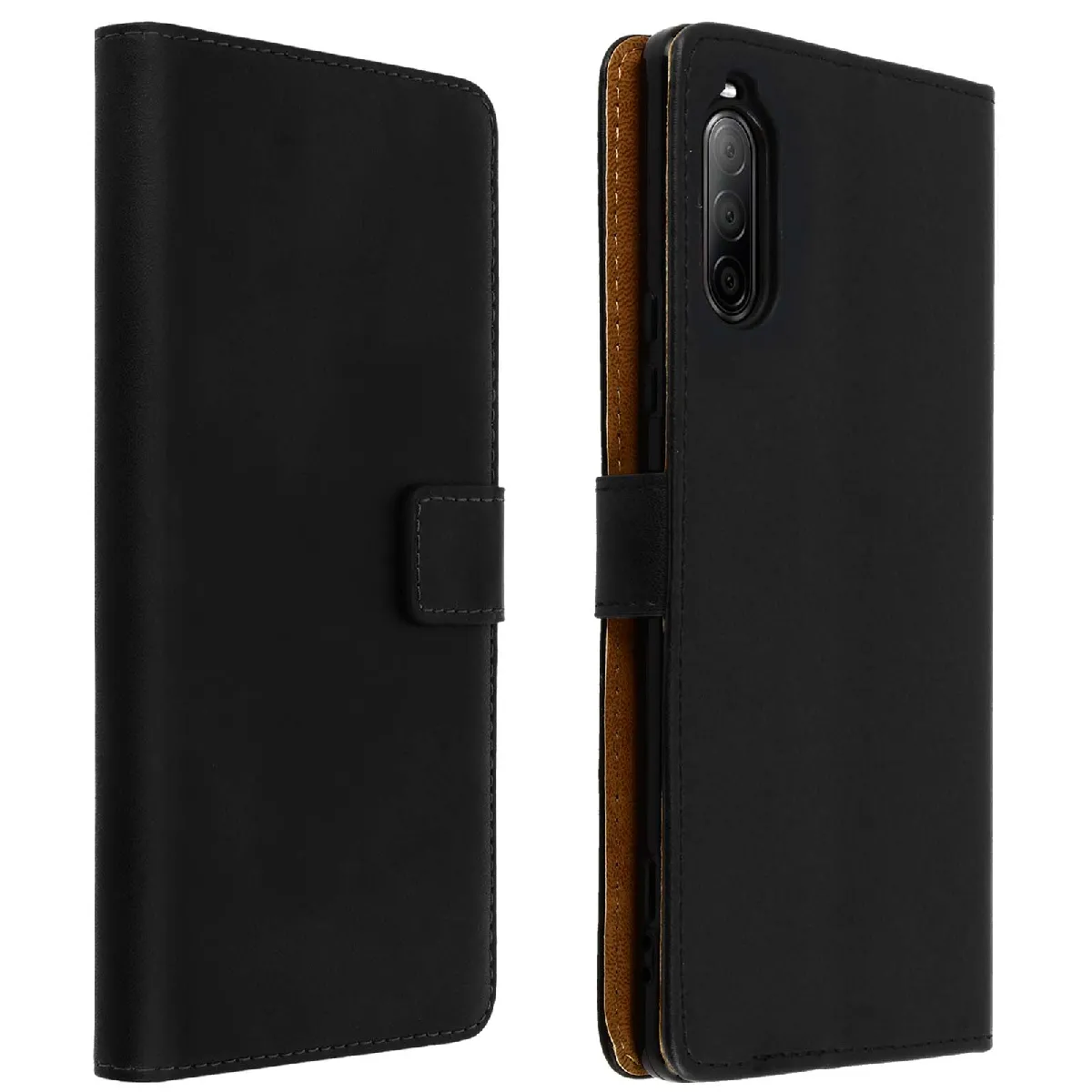 Avizar Noir Housse Pour Sony Xperia 10 Ii Cuir Véritable Porte Cartes Fonction Support