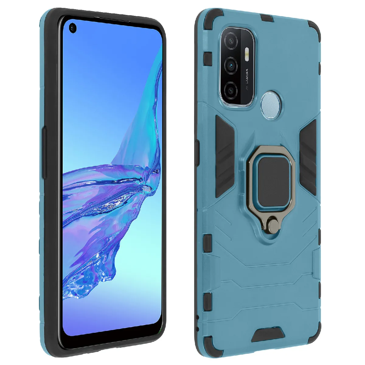 Avizar Bleu Coque Pour Oppo A53 / A53s Hybride Antichoc Bague Métallique Support Vidéo