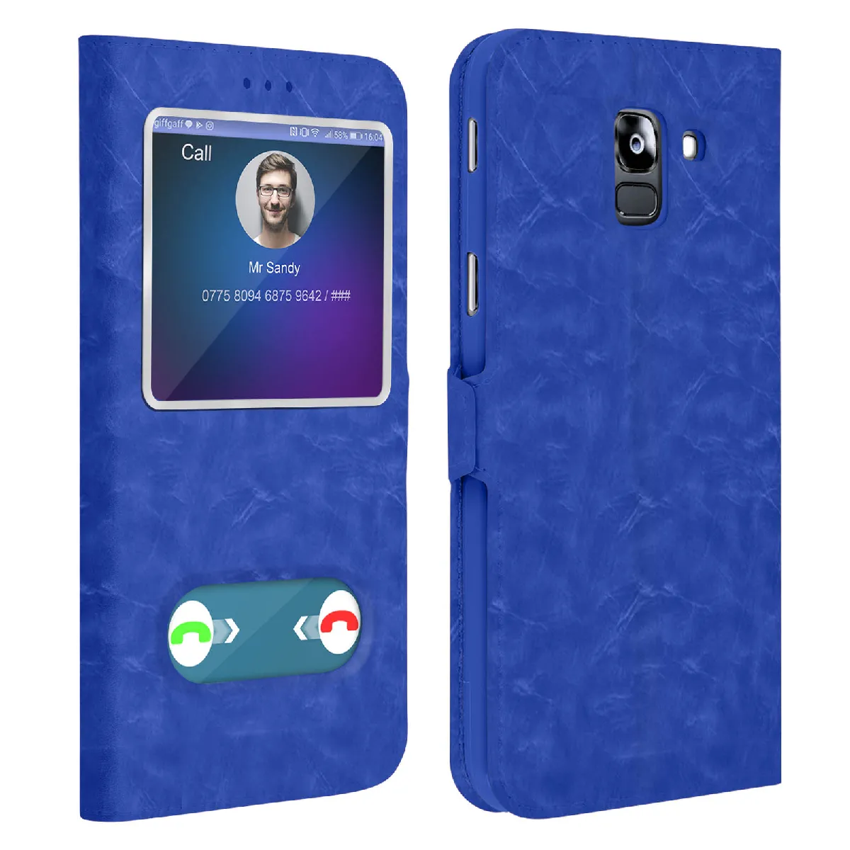 Avizar Bleu Étui Pour Samsung Galaxy J6 Housse Folio Double Fenêtre Fonction Support