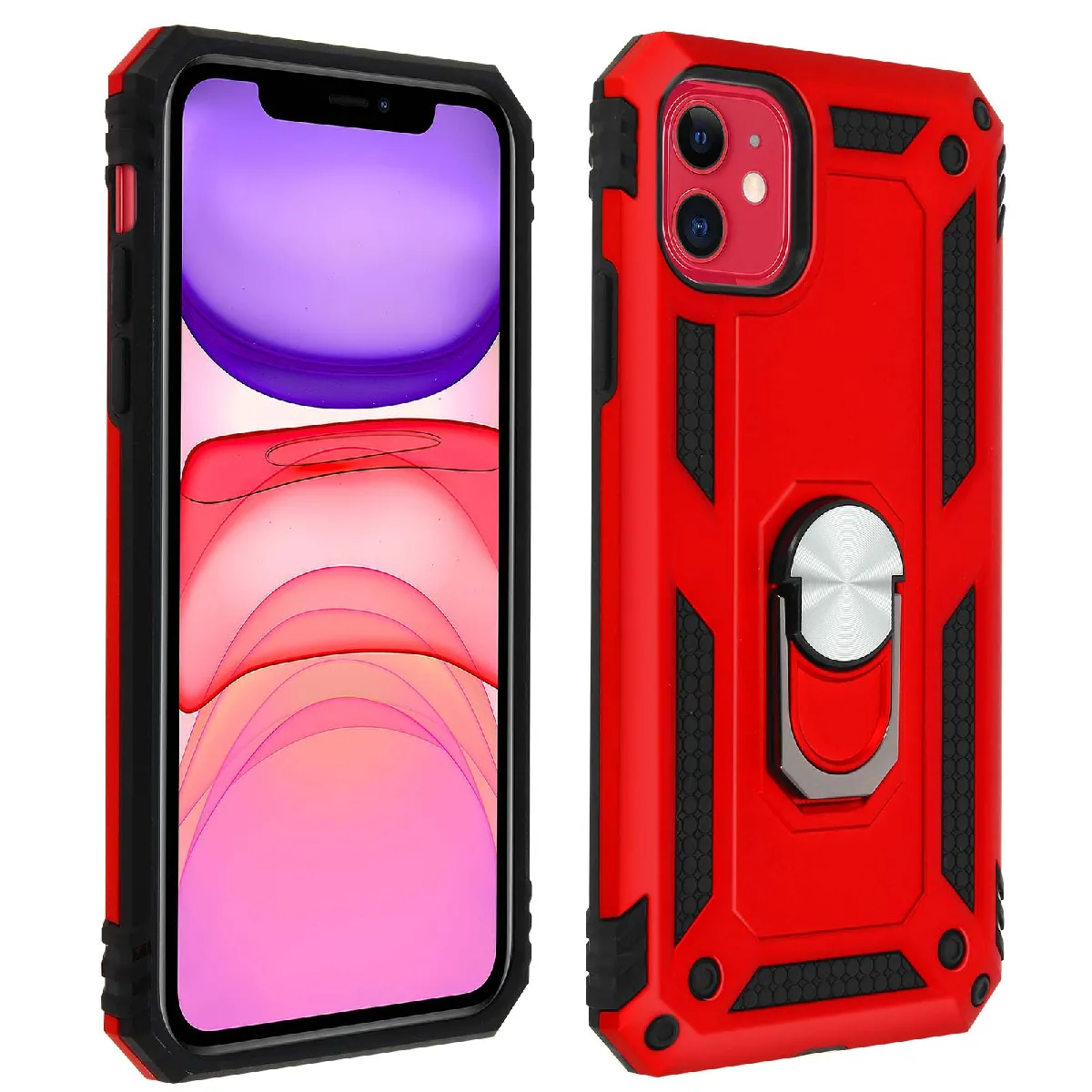 Avizar Rouge Coque Pour Iphone 11 Antichoc Bi-Matières Bague Support Vidéo
