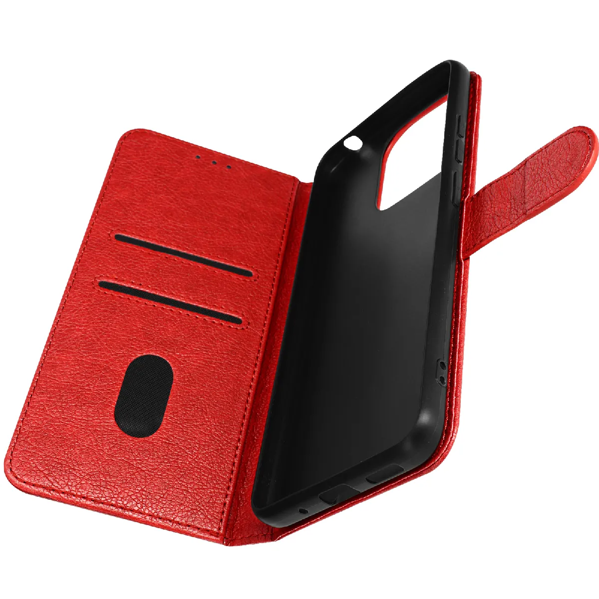 Avizar Rouge/Noir Étui Portefeuille Pour Redmi 12C Chesterfield Grainé Fonction Stand