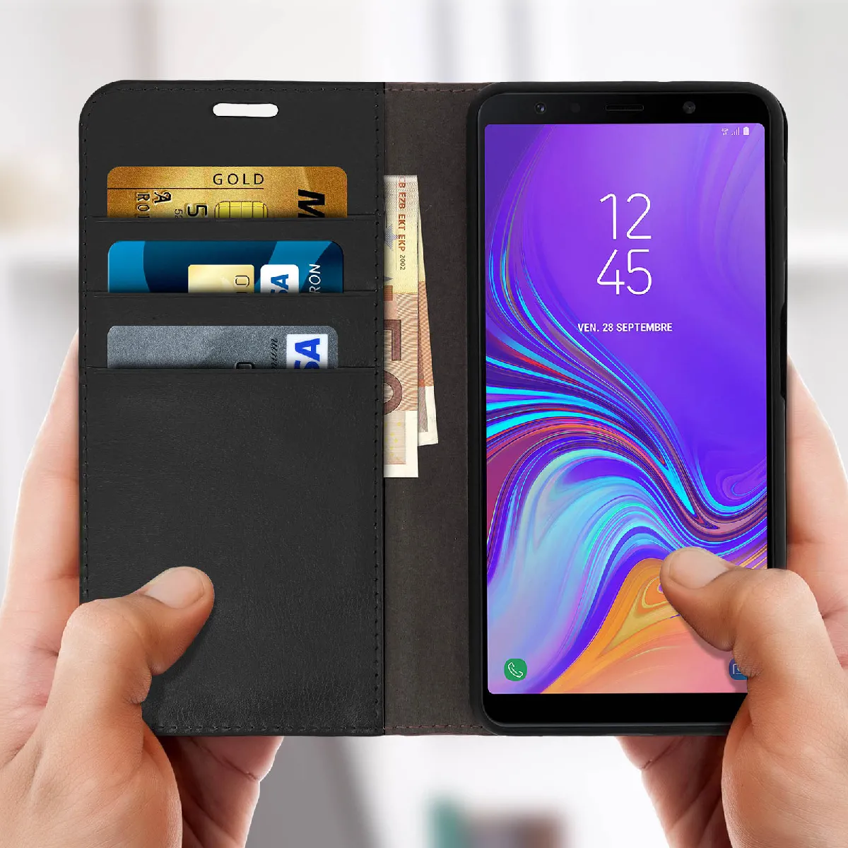 ETUI FOLIO HOUSSE FENETRE VIEW POUR SAMSUNG GALAXY A7 2017 A720 NOIR