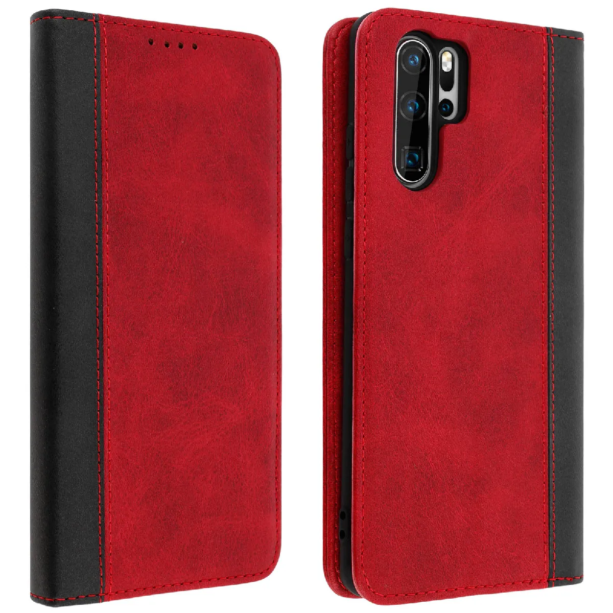 Avizar Rouge Housse Pour Huawei P30 Pro Portefeuille Rangement Carte Support Vidéo