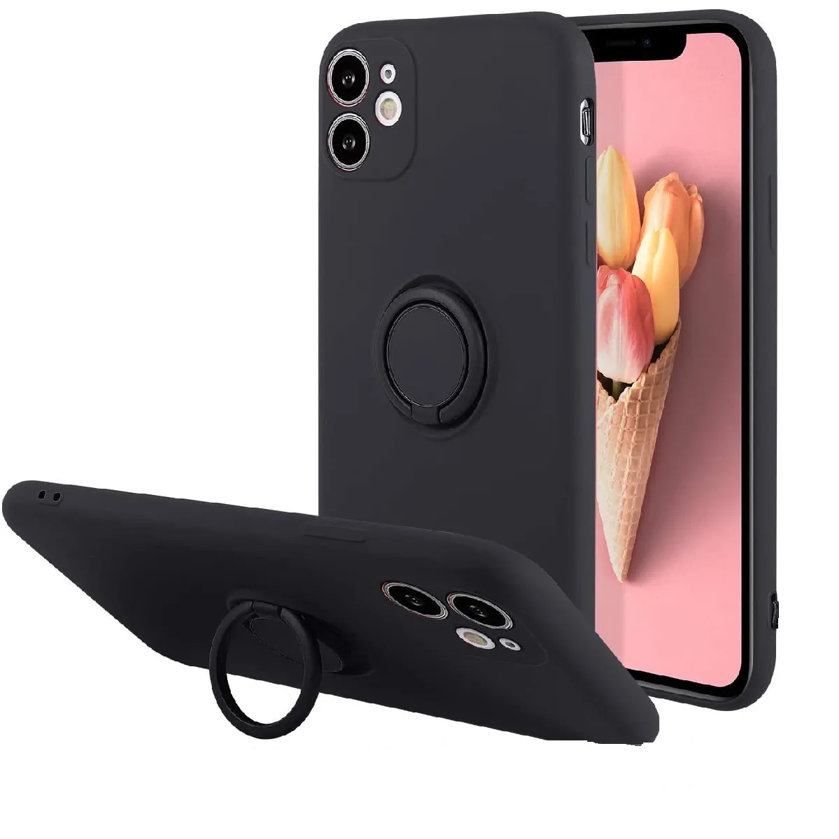 Little boutik Coque en silicone avec anneau support Apple iPhone 11 - Noir