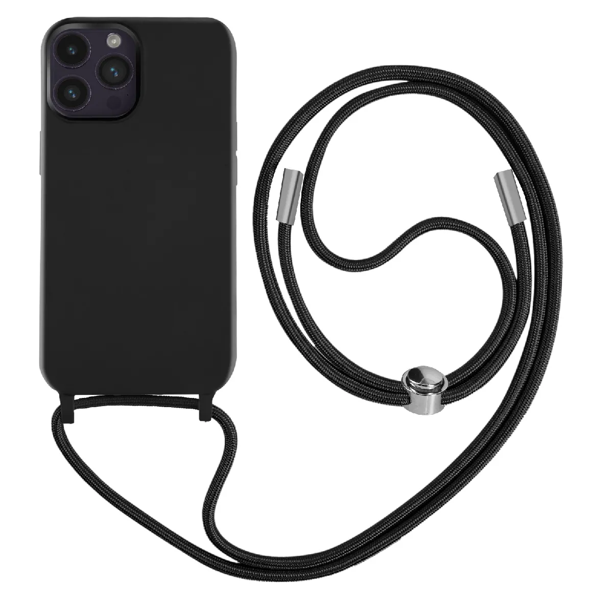 Avizar Noir Coque Pour Iphone 14 Pro Max Semi-Rigide Soft-Touch Avec Cordon Tour De Cou