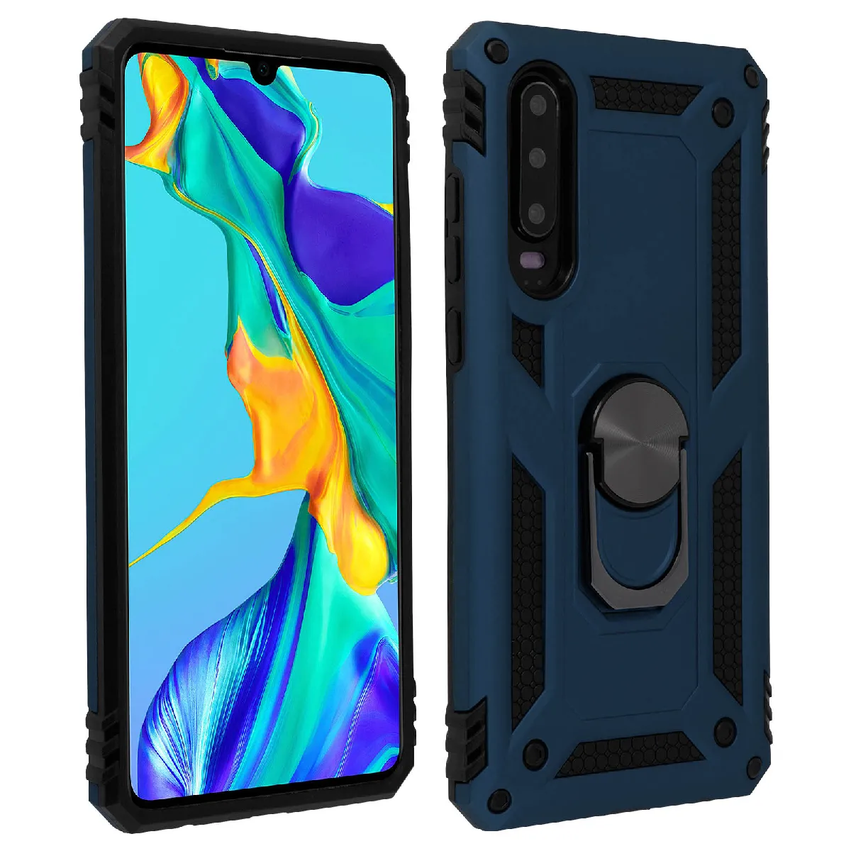 Avizar Bleu Coque Pour Huawei P30 Bi Matières Bague Support Vidéo Nuit