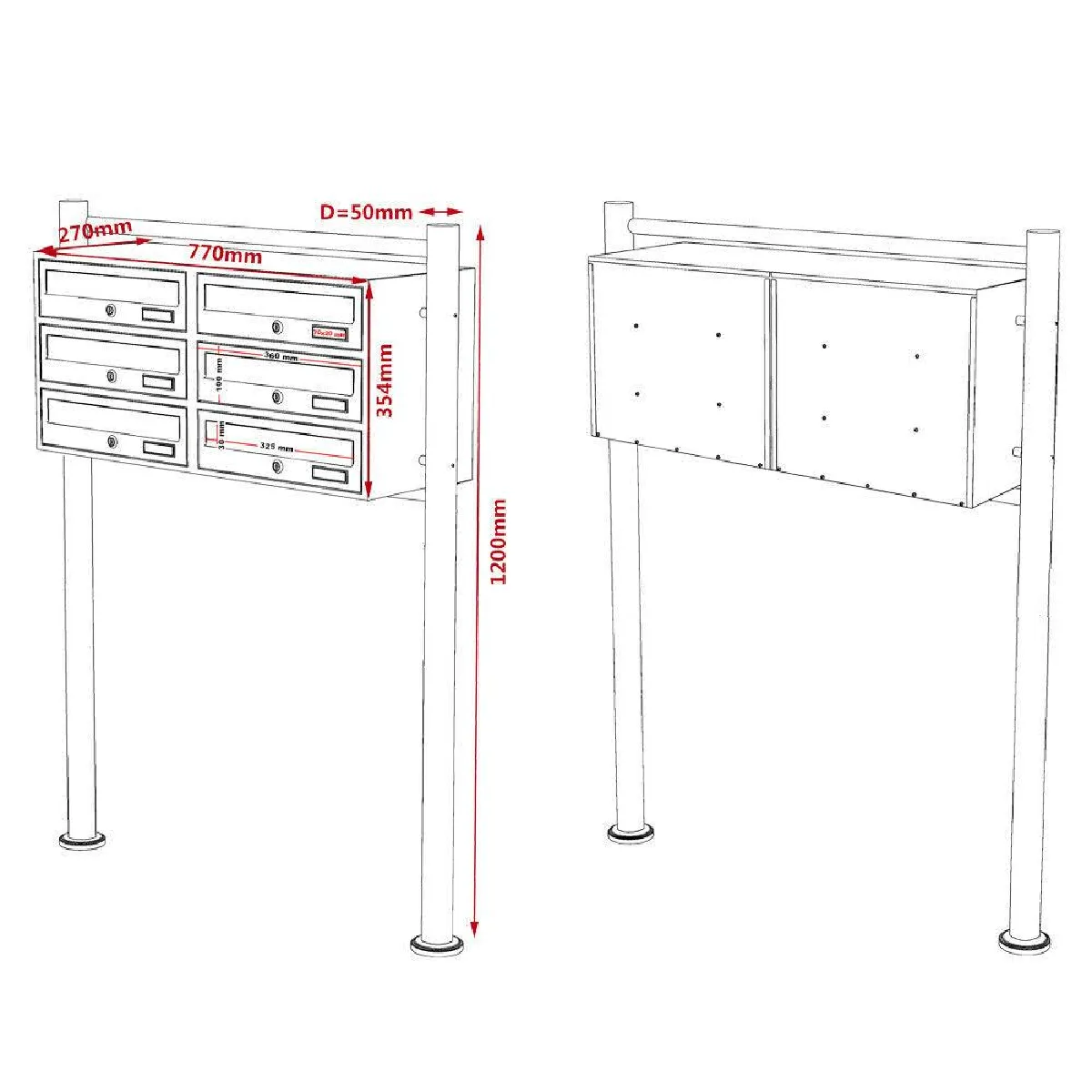 Double bloc 6 boites aux lettres sur pieds entr&eacute;es courrier blanc 16_0000148