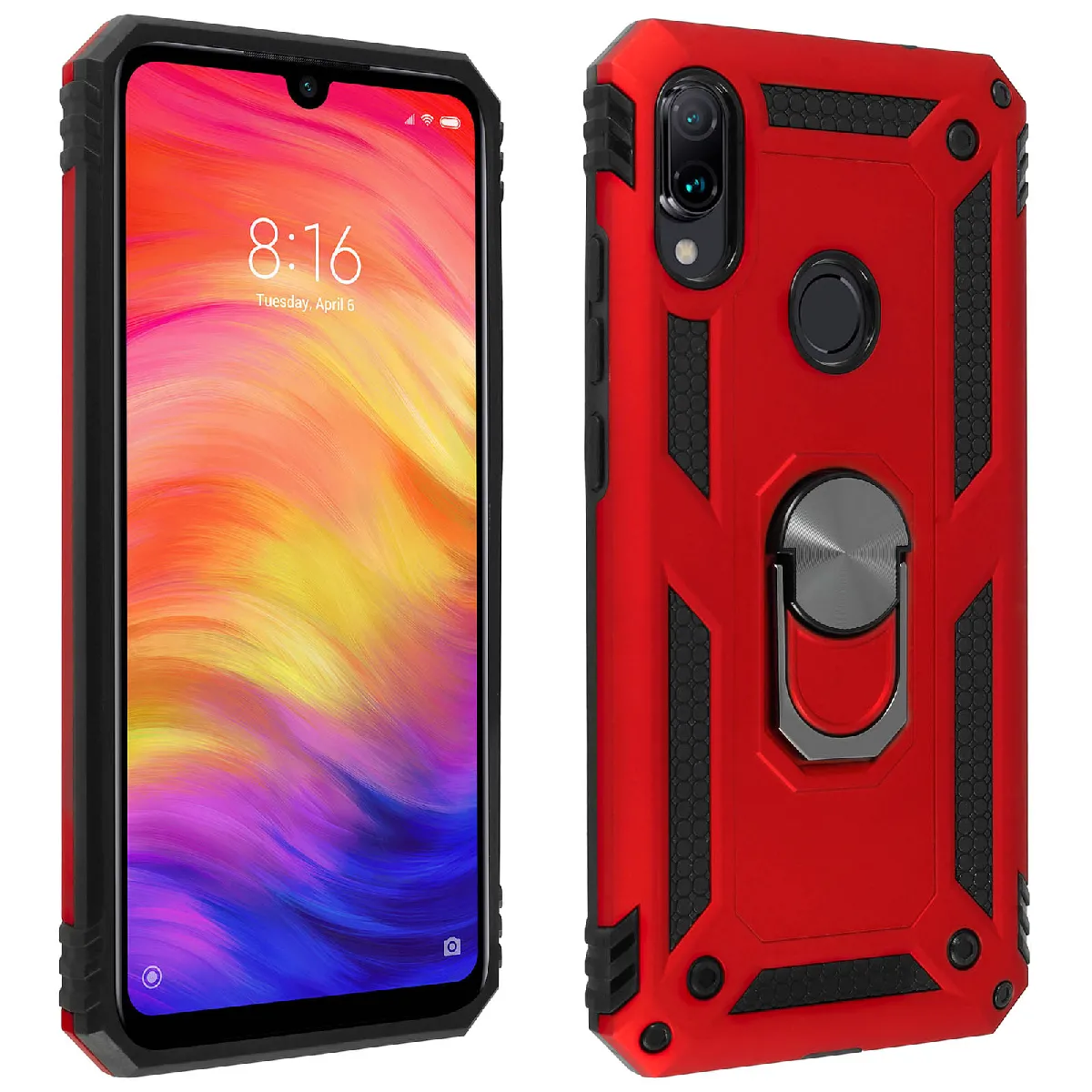 Avizar Rouge Coque Pour Xiaomi Redmi Note 7 Bi Matière Rigide Et Souple Bague Support Vidéo