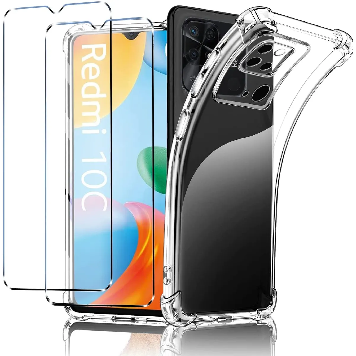 Little Boutik Coque À Coins Renforcés Avec 2 Verres Trempés Xiaomi Redmi 10C - Transparent