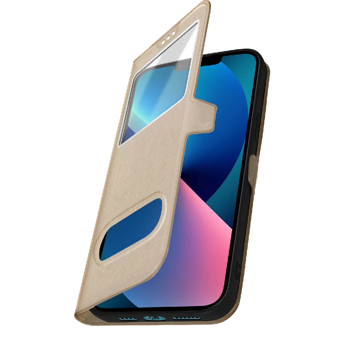 Avizar Doré Étui Folio Pour Iphone 13 Mini Double Fenêtre Avec Fonction Support E