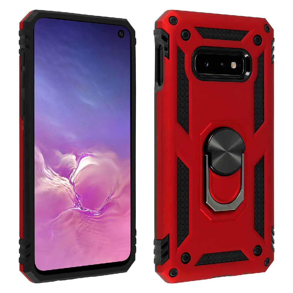 Avizar Rouge Coque Pour Samsung Galaxy S10e Bi Matière Rigide Et Souple Bague Support Vidéo
