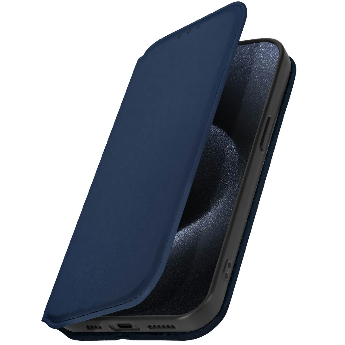 Avizar Bleu Etui Portefeuille Pour Iphone 15 Pro Clapet Magnétique Avec Support Nuit