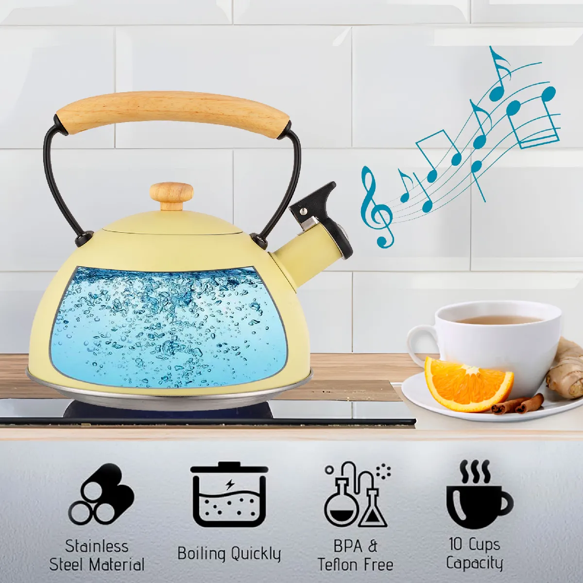 Bouilloire Sifflante 3 Litres - Acier Inoxydable - Design Vintage Avec Poignée En Bois - Pour Induction Et Gaz