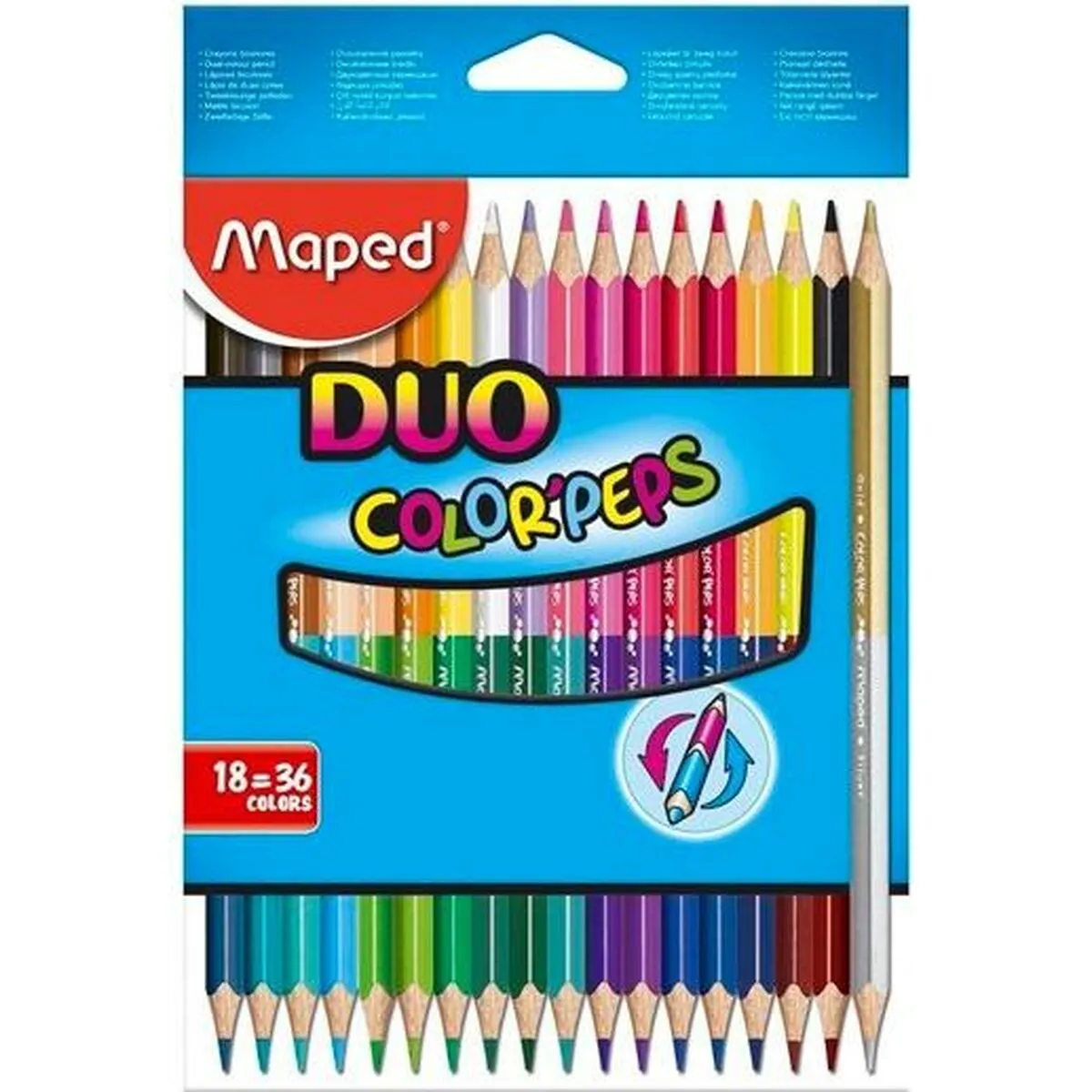 Maped Crayons de Couleur Duo 2 en 1 Color'Peps Pochette de 18 Crayons de Couleurs Double Mine Résistante pour 36 Couleurs Crayons en Bois Certifiés FSC