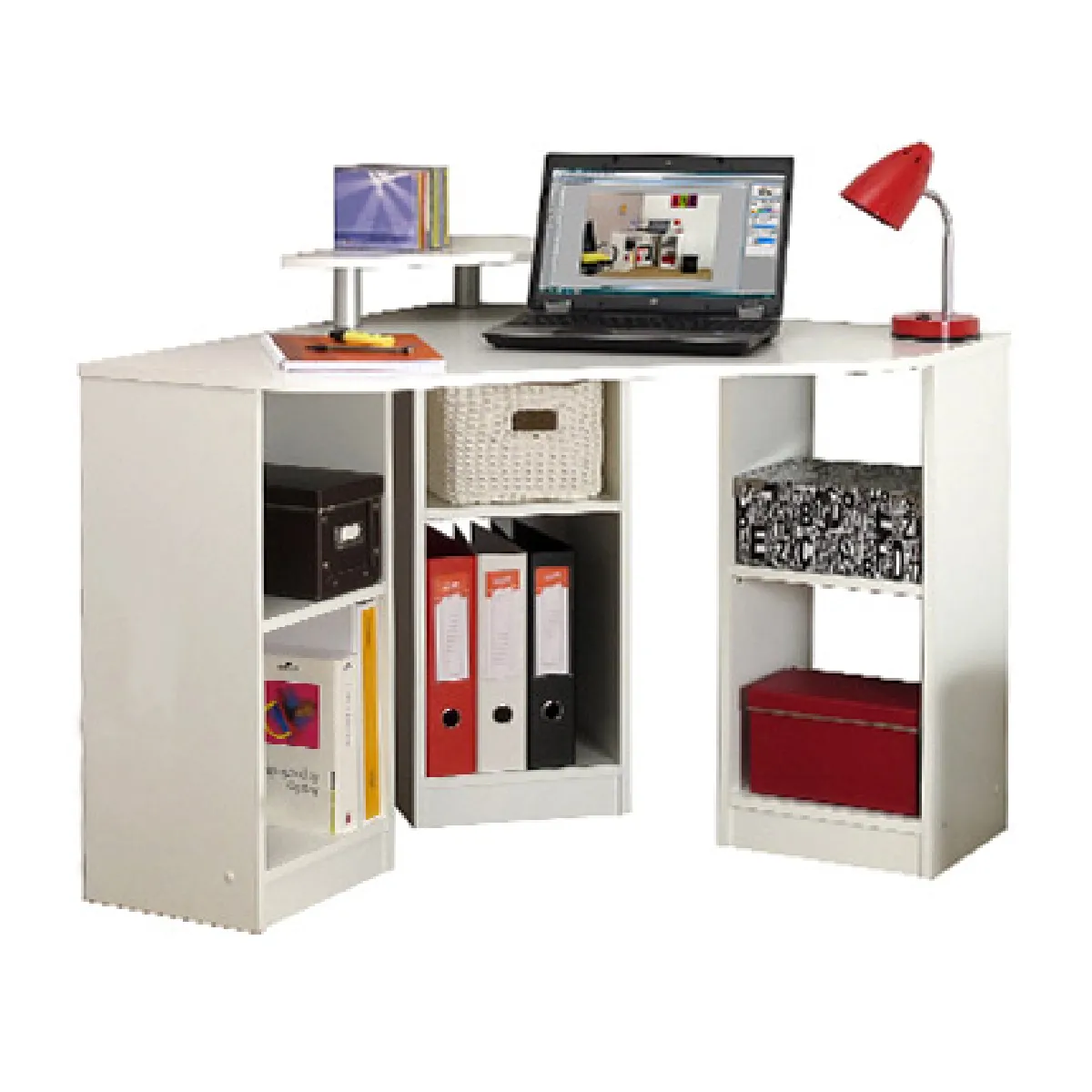 Bureau d'angle en bois blanc avec surmeuble