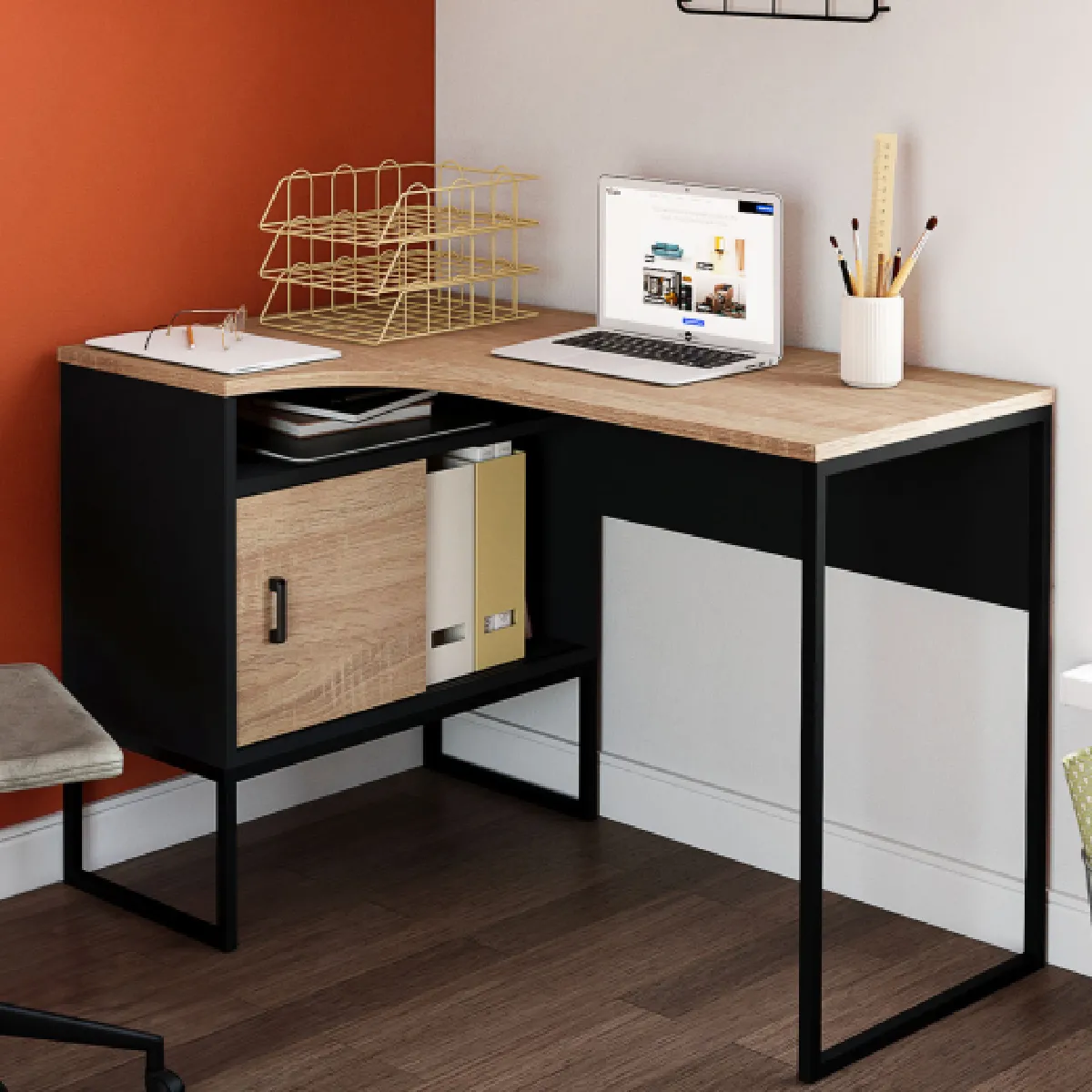 Bureau d'angle IDMARKET - ROB Noir/Hêtre