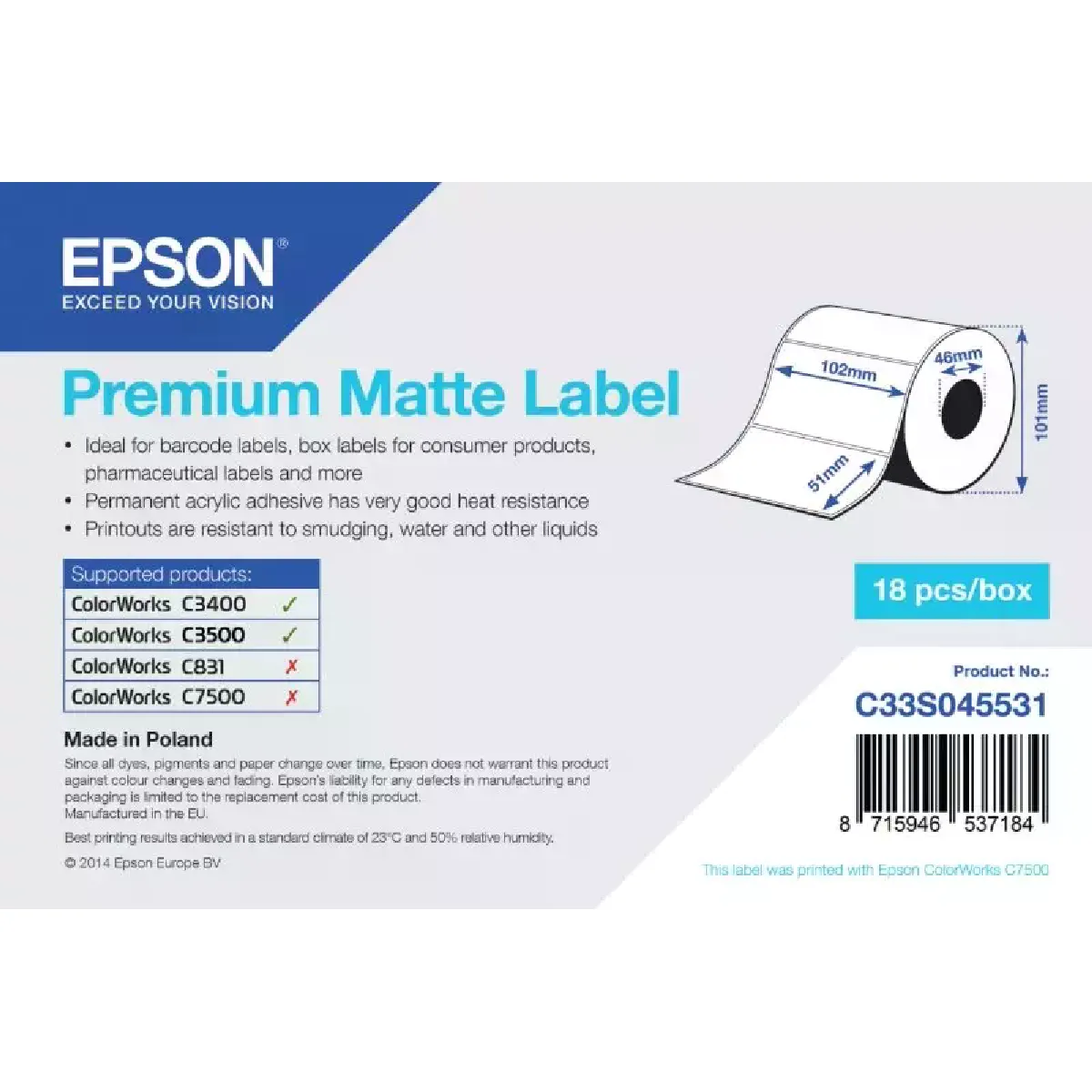 Epson Premium Matte Label 102Mmx51Mm