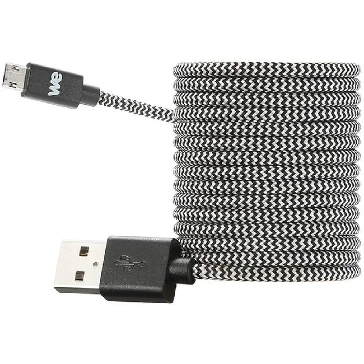 We Noir/Blanc Câble Usb/Micro Usb Nylon Tressé 2M, Micro Usb Chargeur Rapide Ultra Résistant