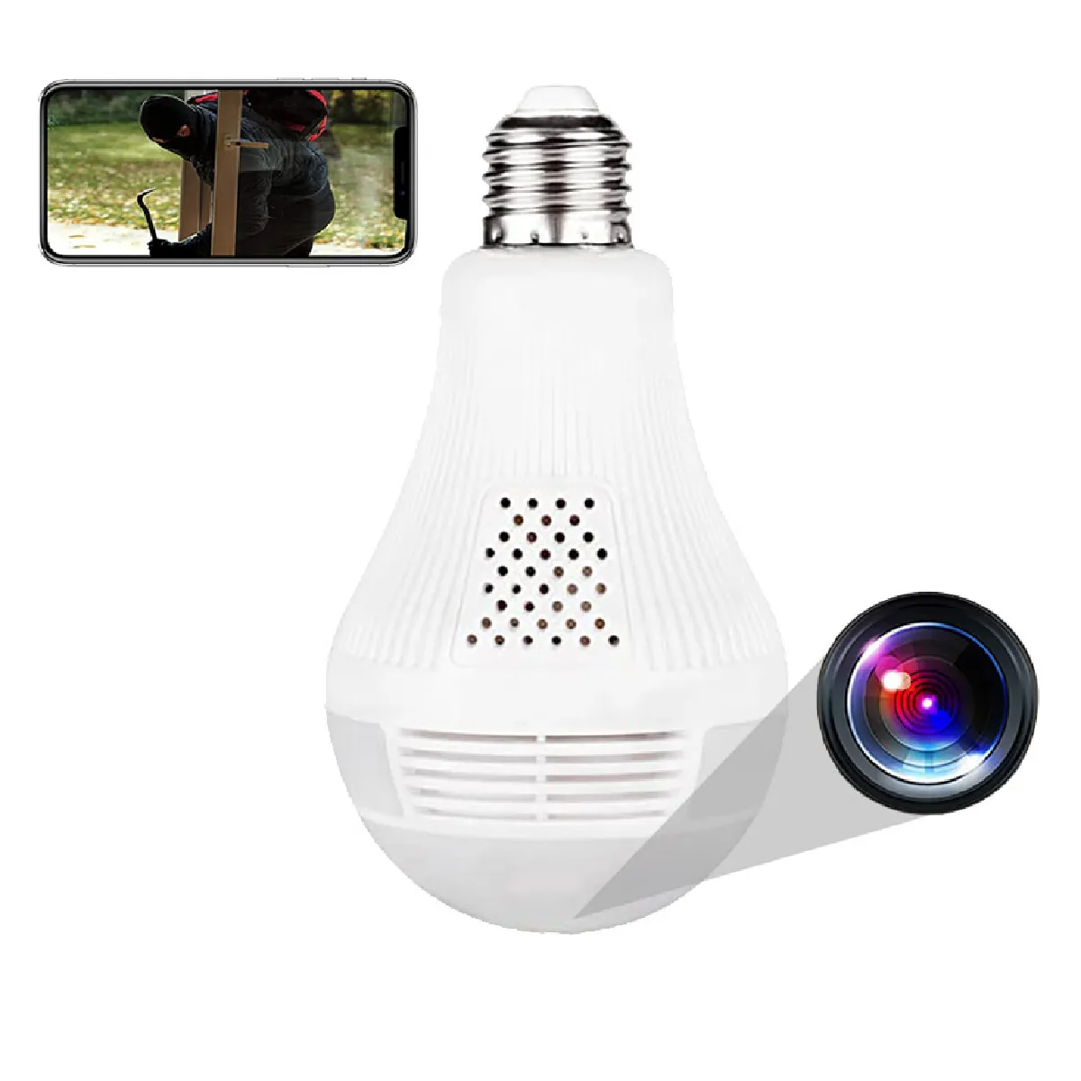 Yonis Ampoule Caméra Espion 360° Infrarouge Hd Bidirectionnelle Wifi + Micro Sd 8 Go