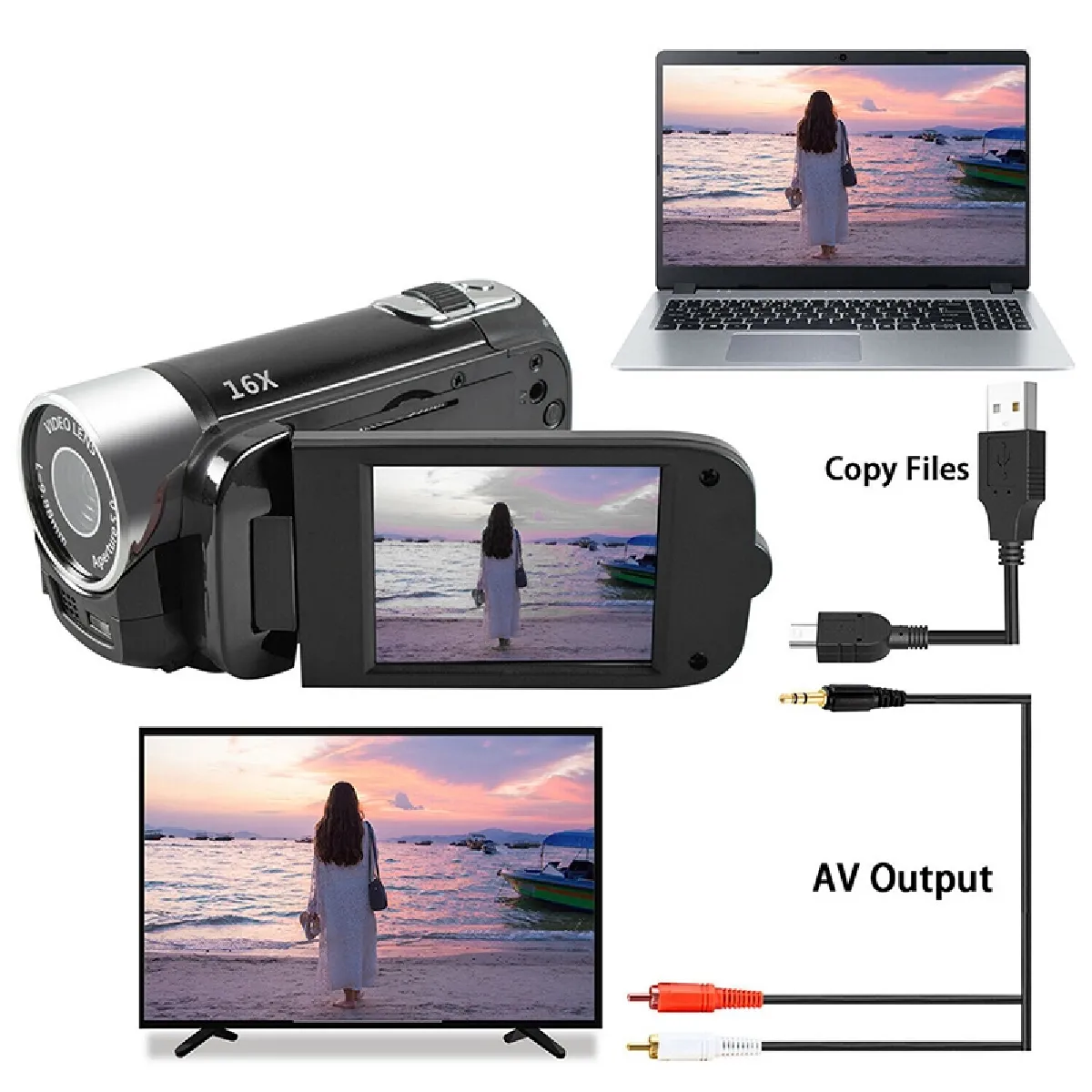 Caméscope Numérique Full HD 16X - Écran Rotatif 270° | Capteur COMS, Enregistrement Vidéo, Prise Carte 32 Go