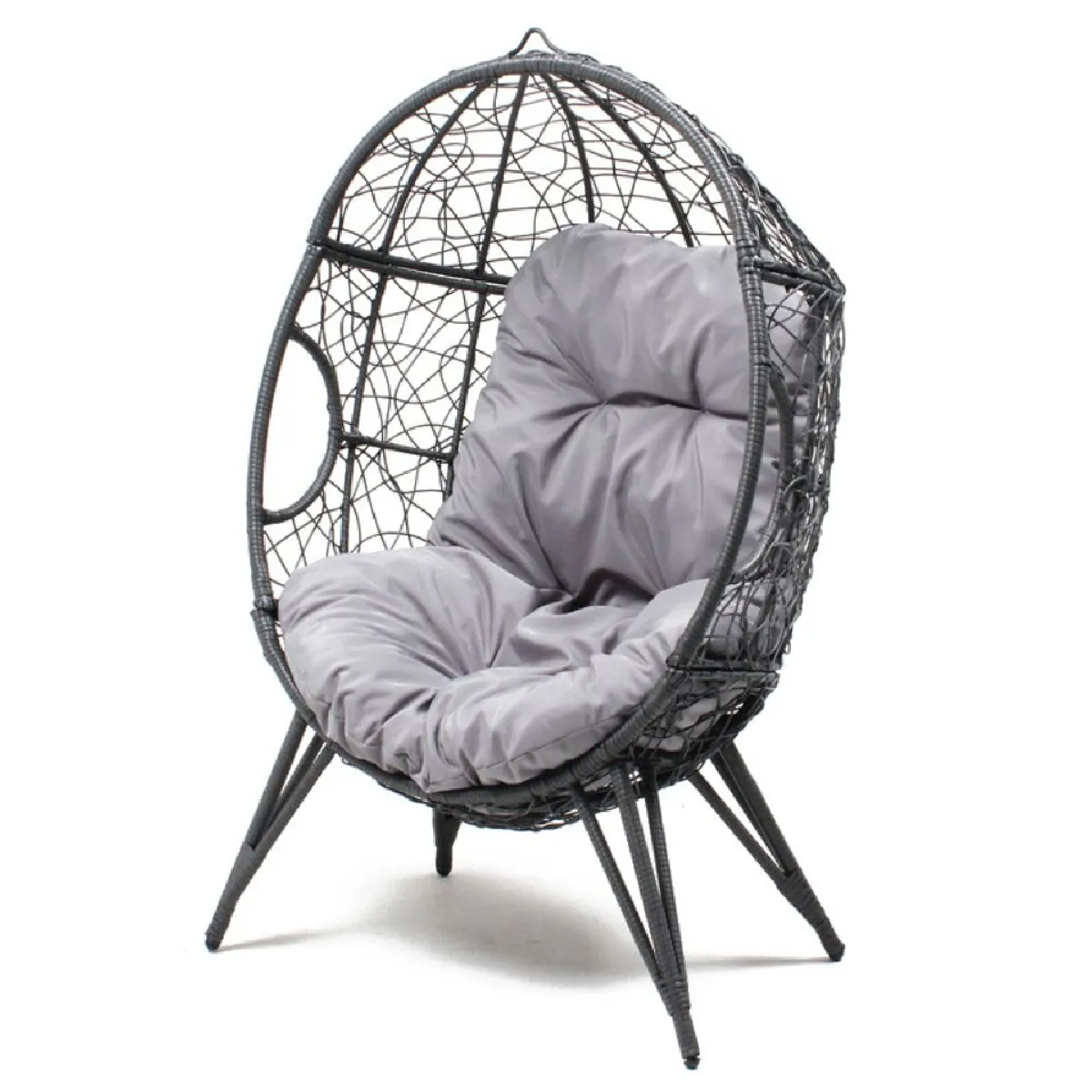Fauteuil œuf sur pied en résine gris effet rotin JANE