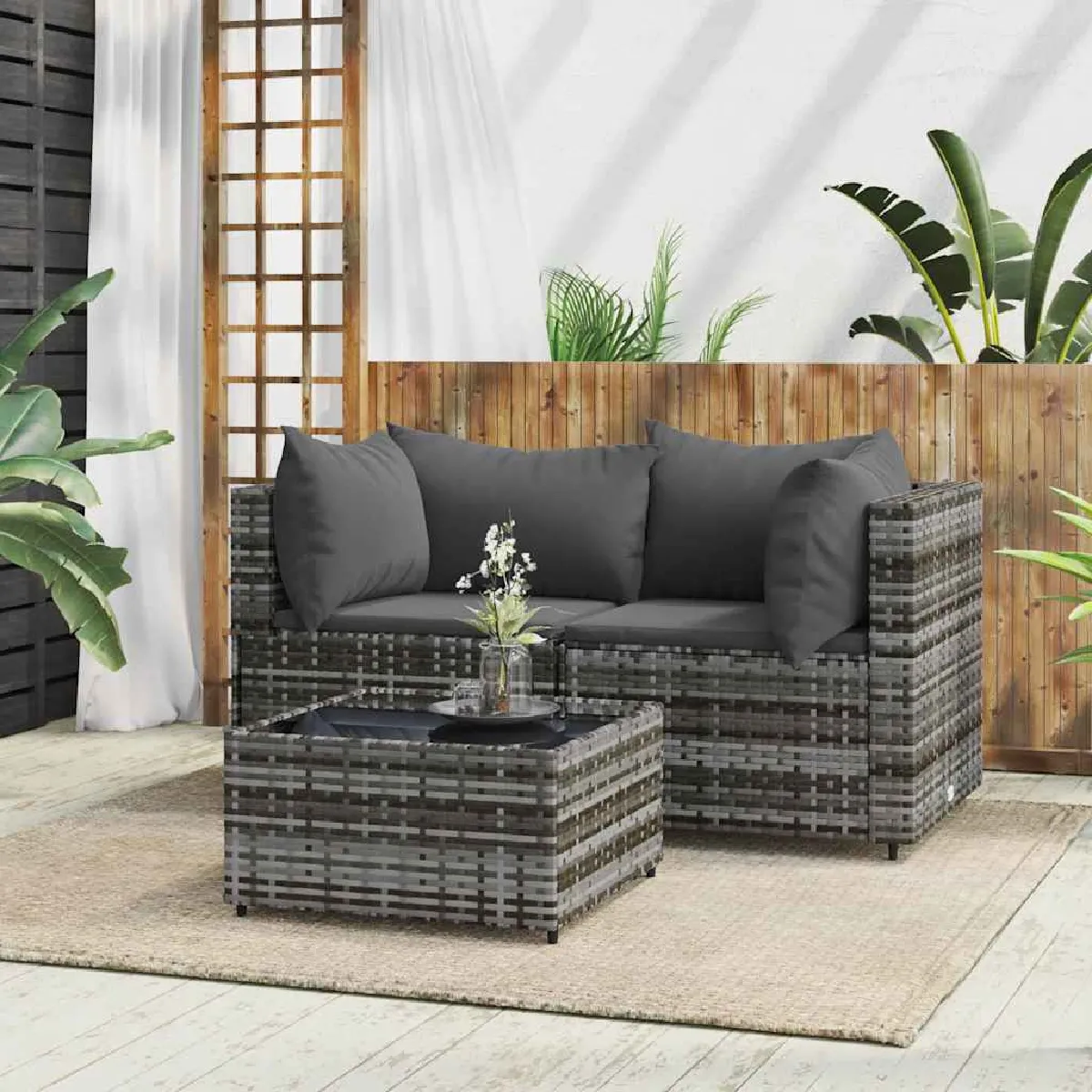 vidaXL Salon de jardin 3 pcs avec coussins Résine tressée ensemble de salon dextérieur ensemble de mobilier 318675 - vue 8