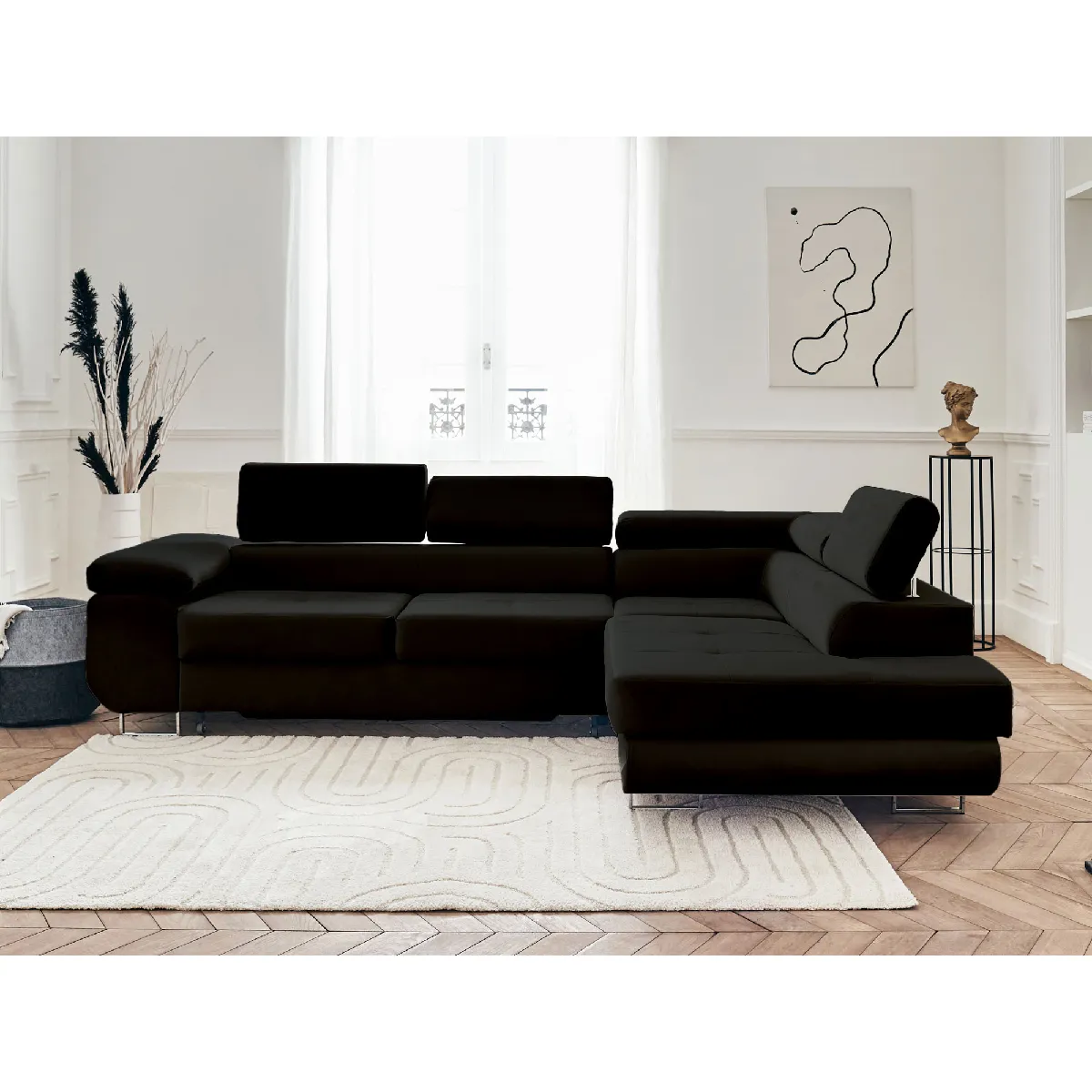 Bestmobilier Pablo - canapé d'angle droit - 5 places - convertible avec coffre et têtières réglables -