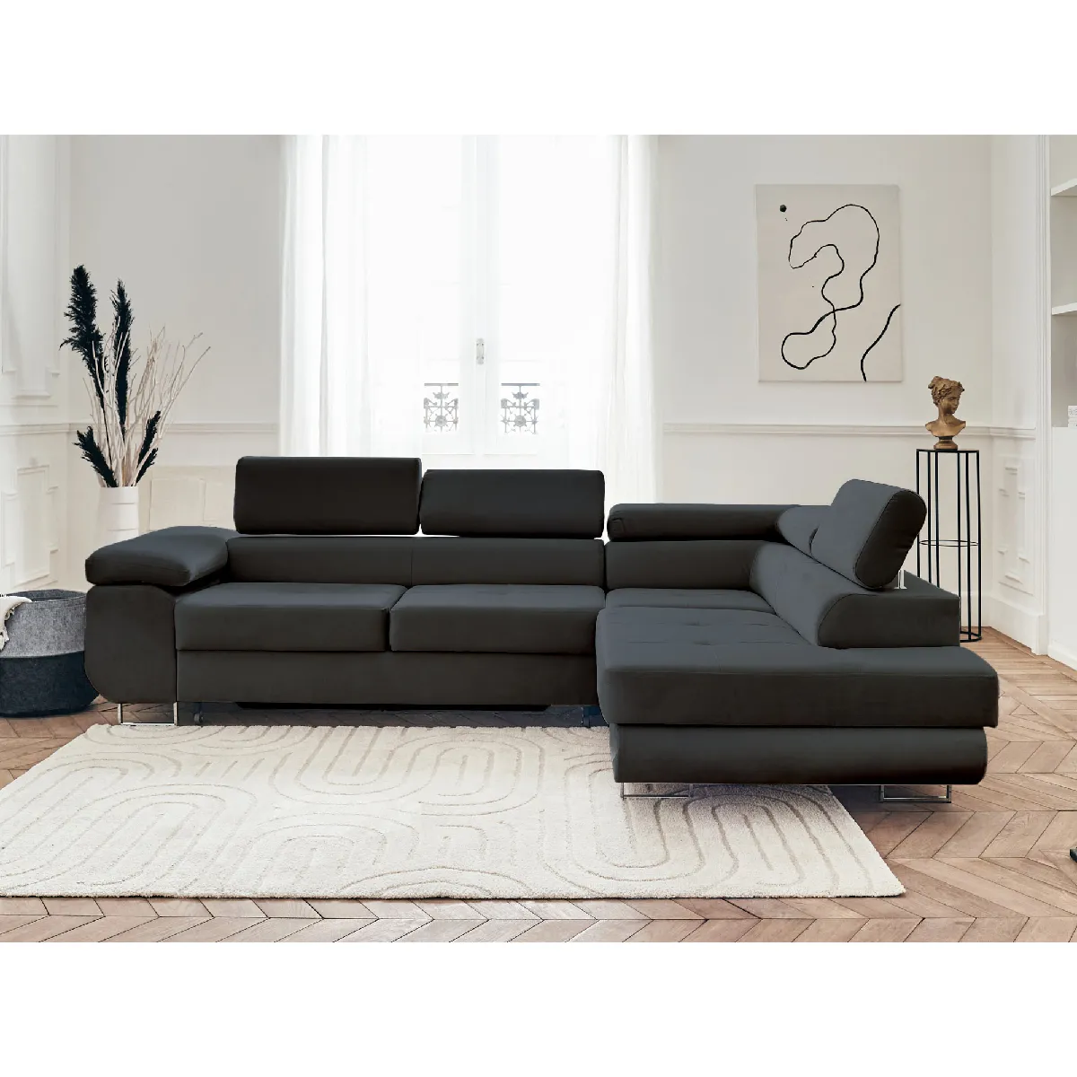 Bestmobilier Gris Pablo - Canapé D'angle Droit - 5 Places - Convertible Avec Coffre Et Têtières Réglables