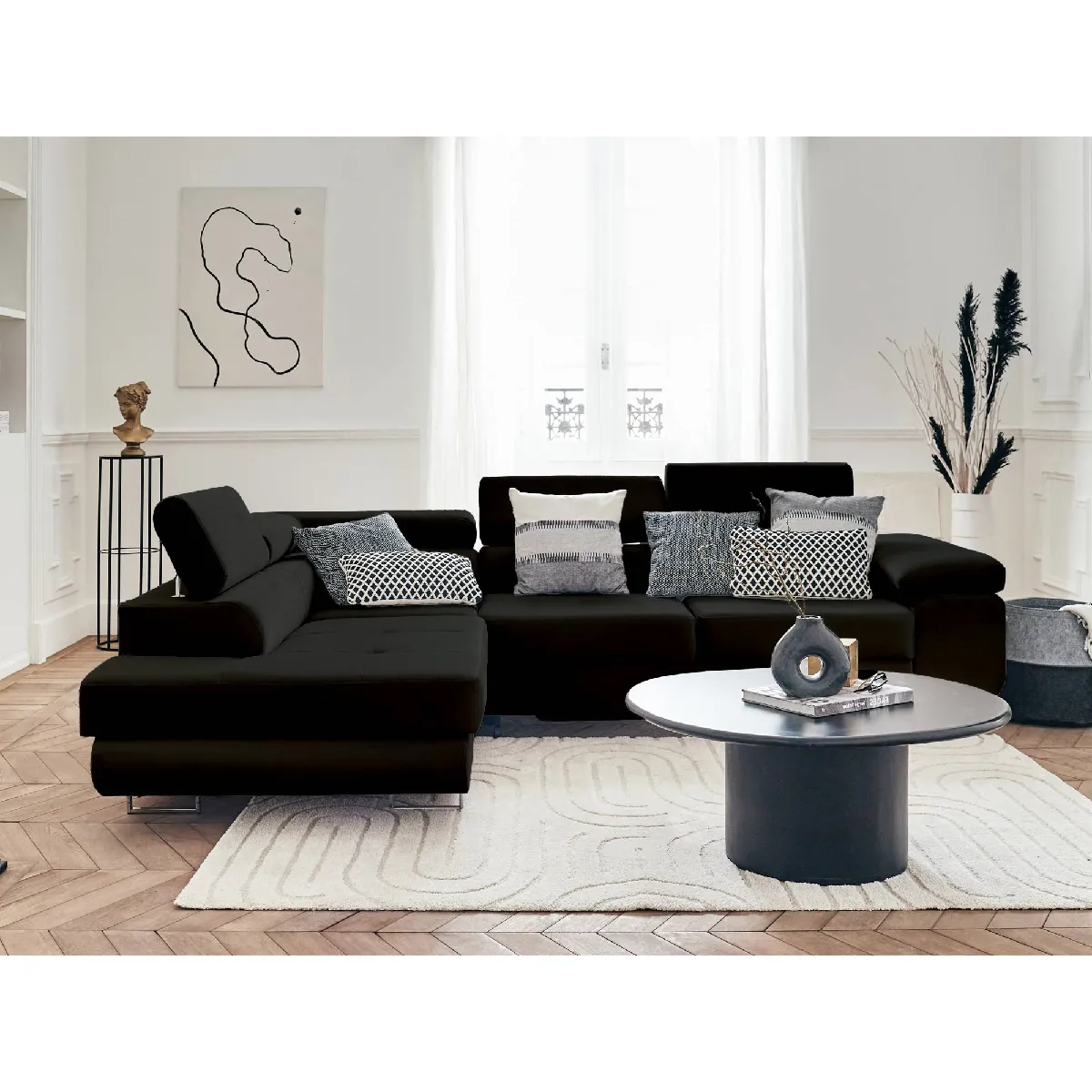 Bestmobilier Noir Pablo - Canapé D'angle Gauche - 5 Places - Convertible Avec Coffre Et Têtières Réglables