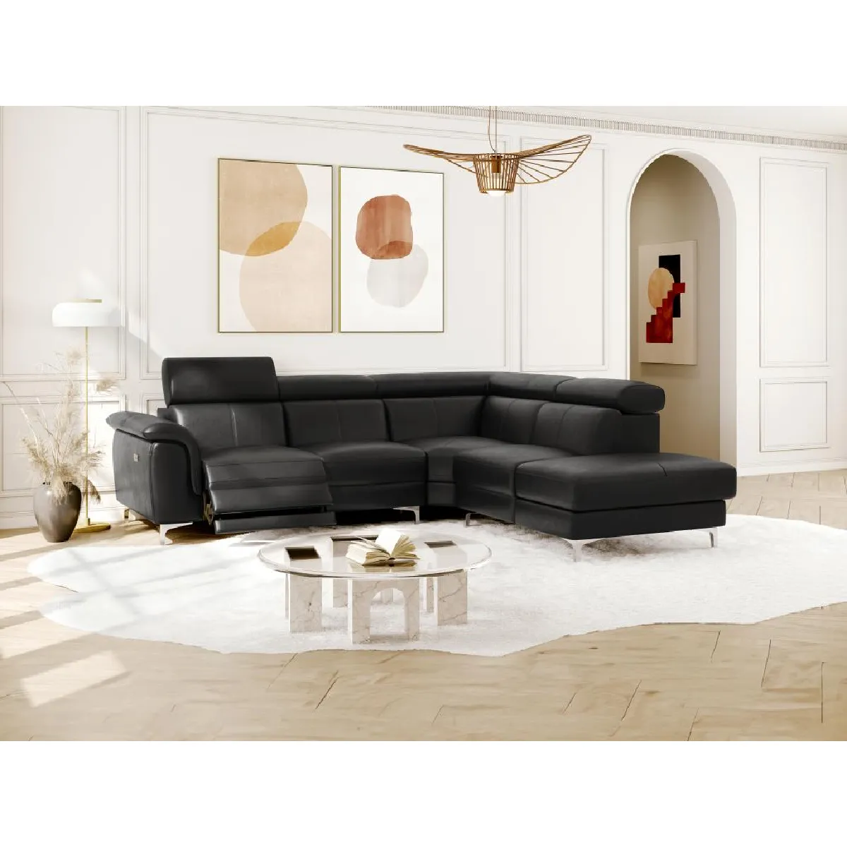 VENTE UNIQUE Canap&eacute; d'angle relax &eacute;lectrique en cuir SITIA - Noir - Angle droit 