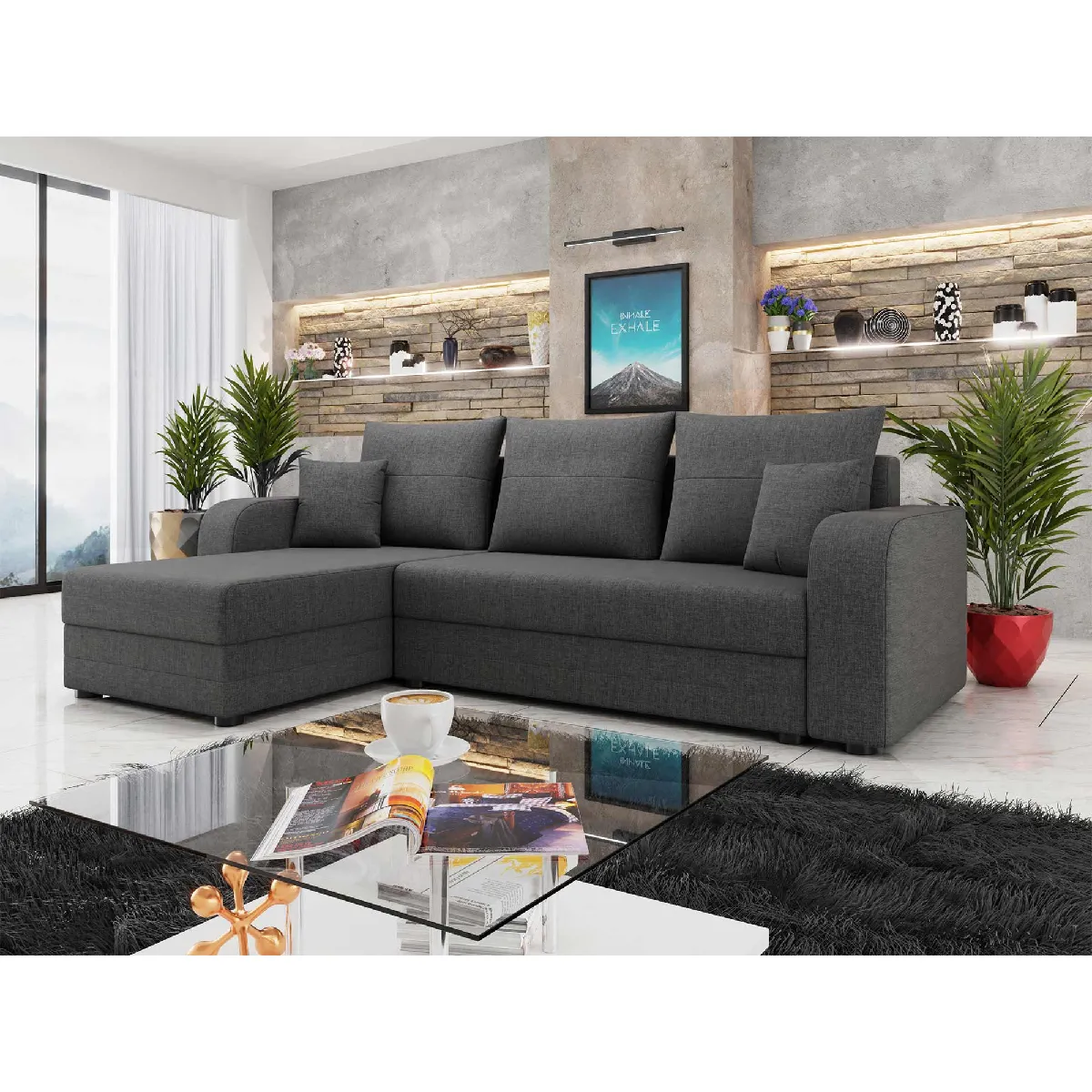 Bestmobilier Gris Harvey - Canapé D'angle Réversible 4 Places Convertible Avec Coffre En Tissu