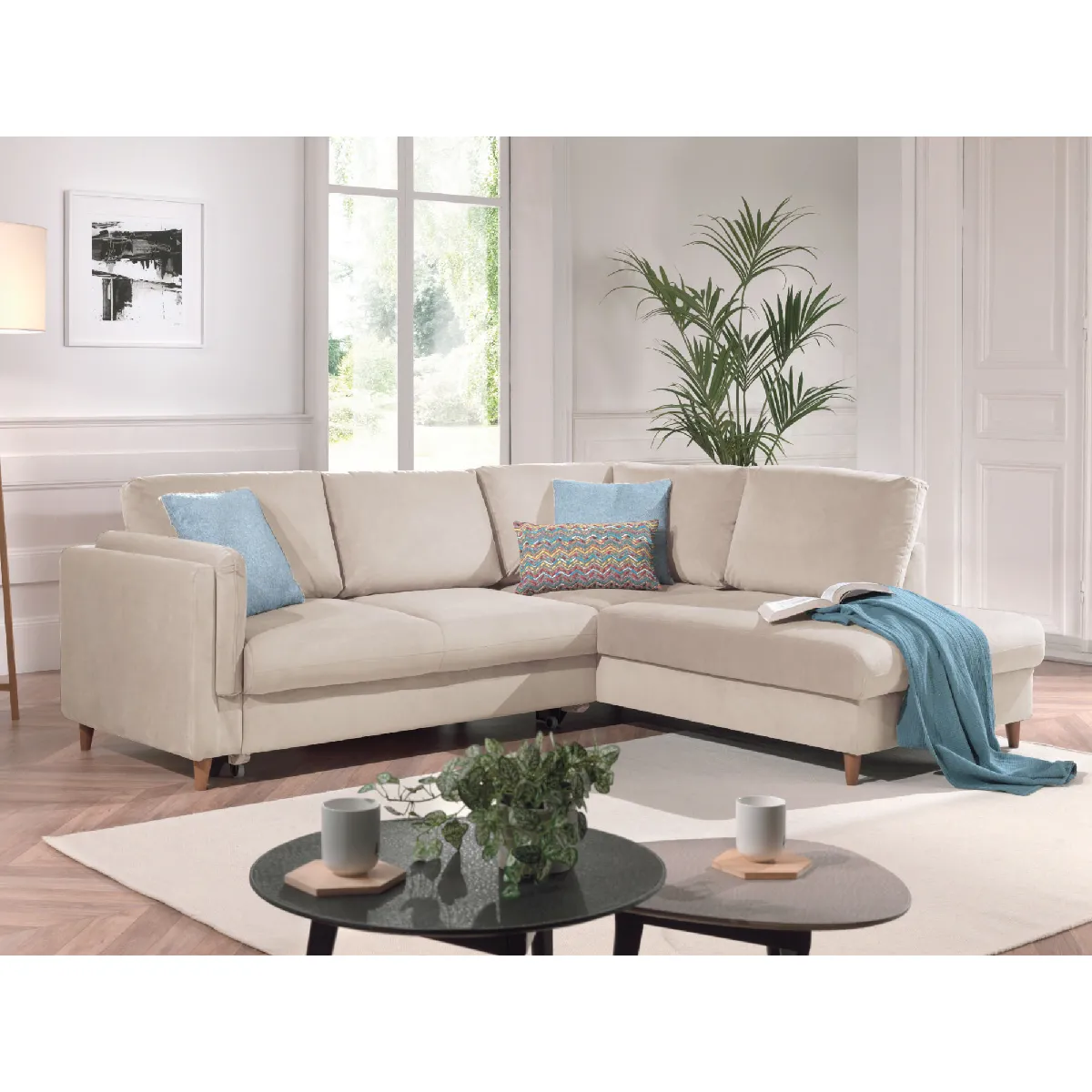 Lisa Design Beige Brooke - Canapé D'angle Droit - Convertible - 5 Places - En Velours