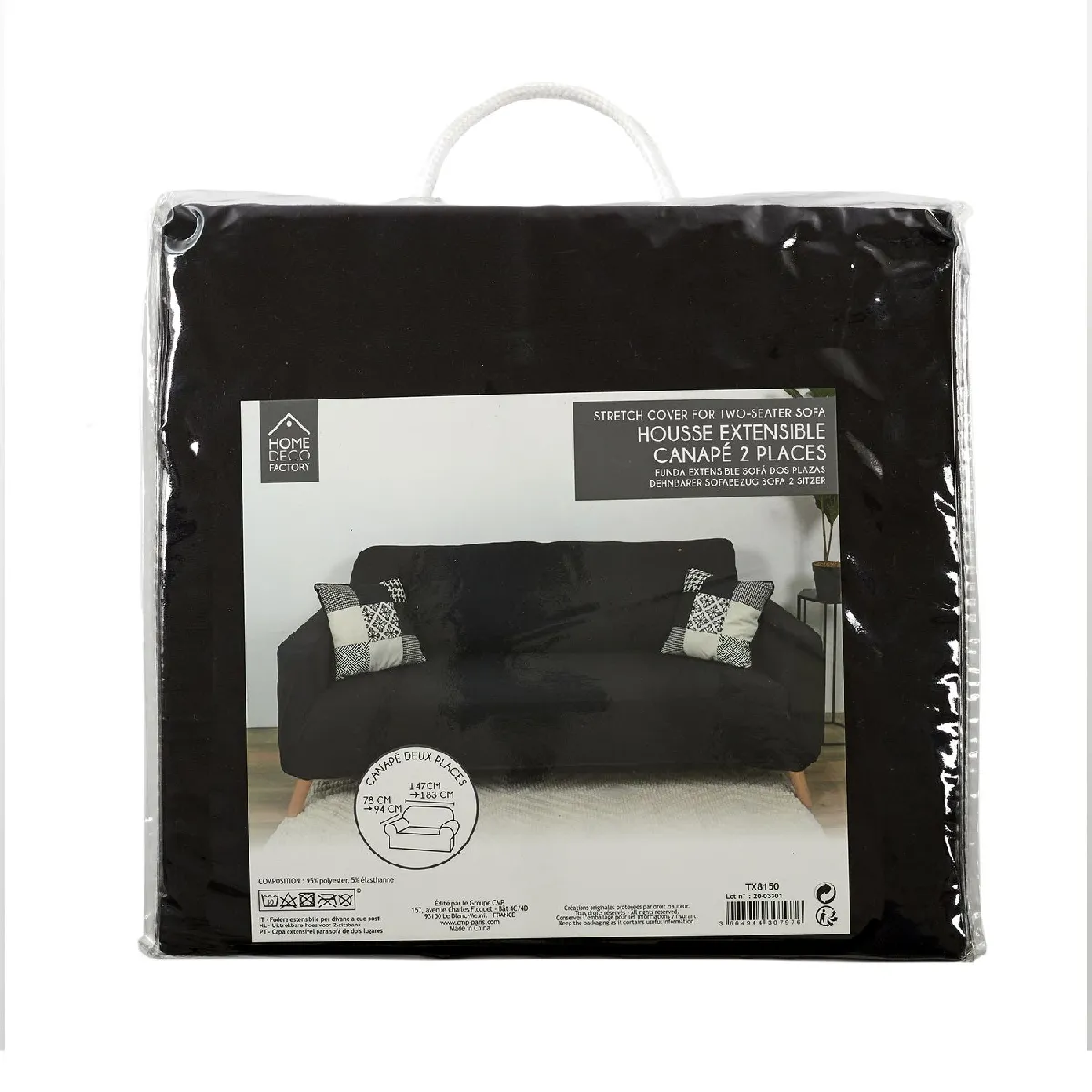 THE HOME DECO FACTORY Housse extensible pour canap&eacute; 2 places - Noir - 170 x 80 cm