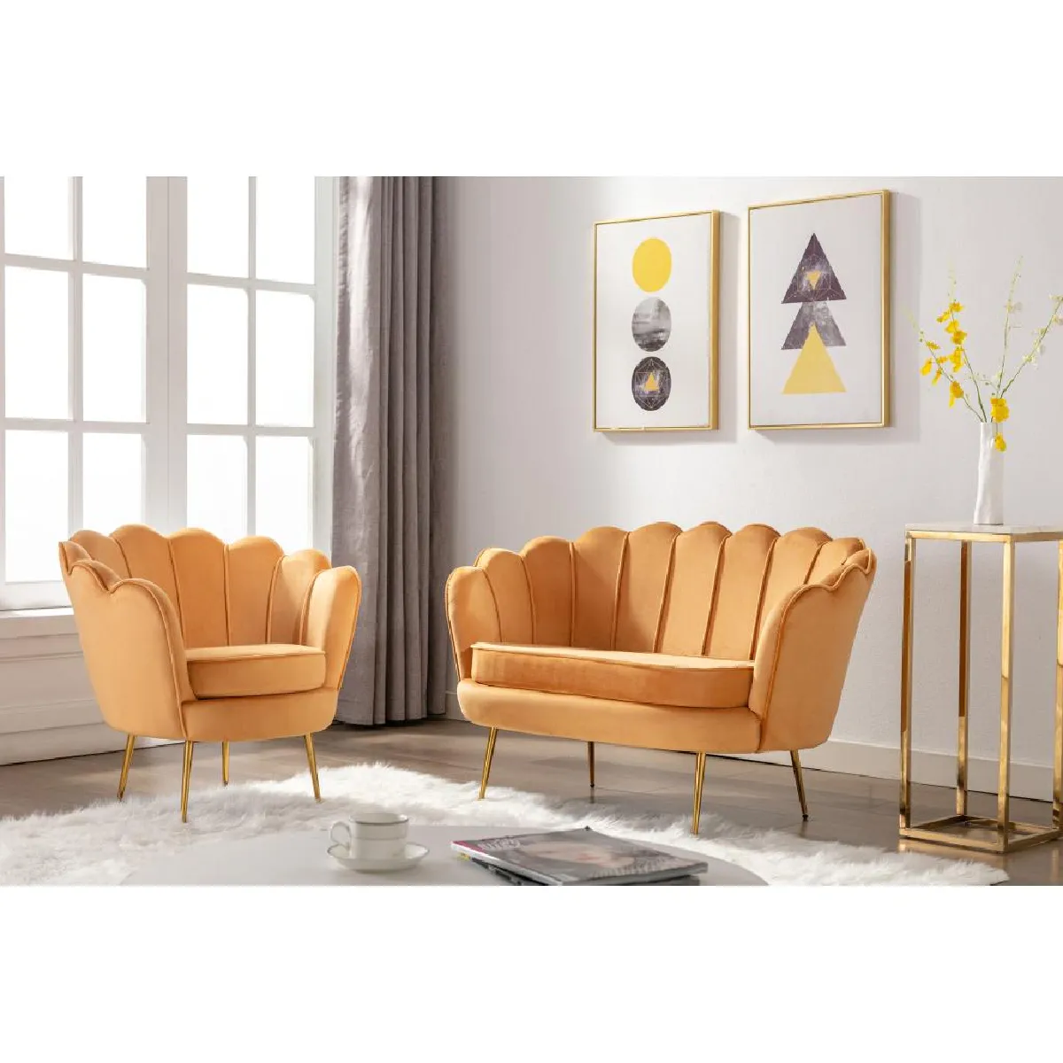 PASCAL MORABITO DANDELION Canapé 2 places et fauteuil coquillage - Jaune moutarde PASCAL MORABITO DANDELION Canapé 2 places et fauteuil coquillage - Jaune moutarde